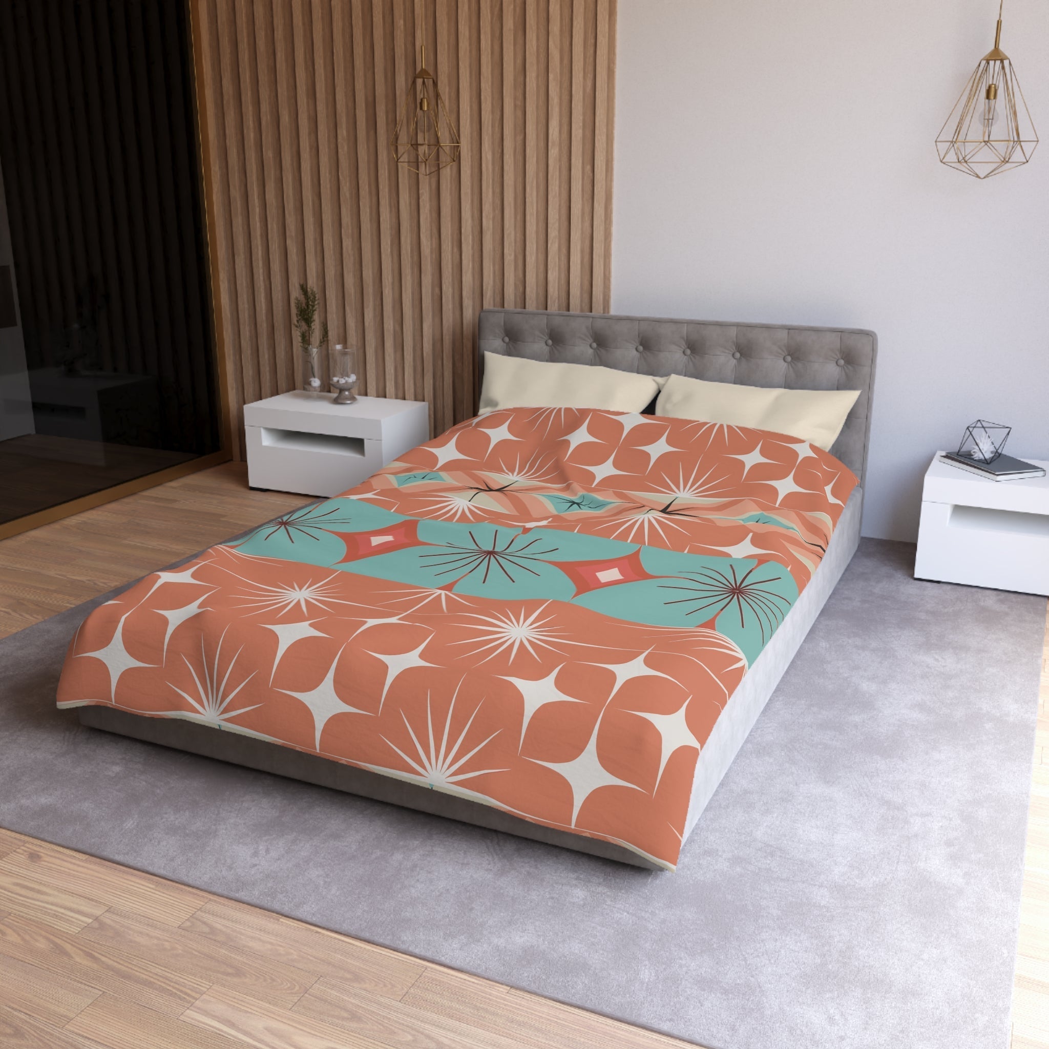 Kate McEnroe New York Mid Century Modern Duvet Cover, Retro 50s 60s Atomic Diamond Starburst Orange Teal BeddingDuvet Covers51203461734643926745
