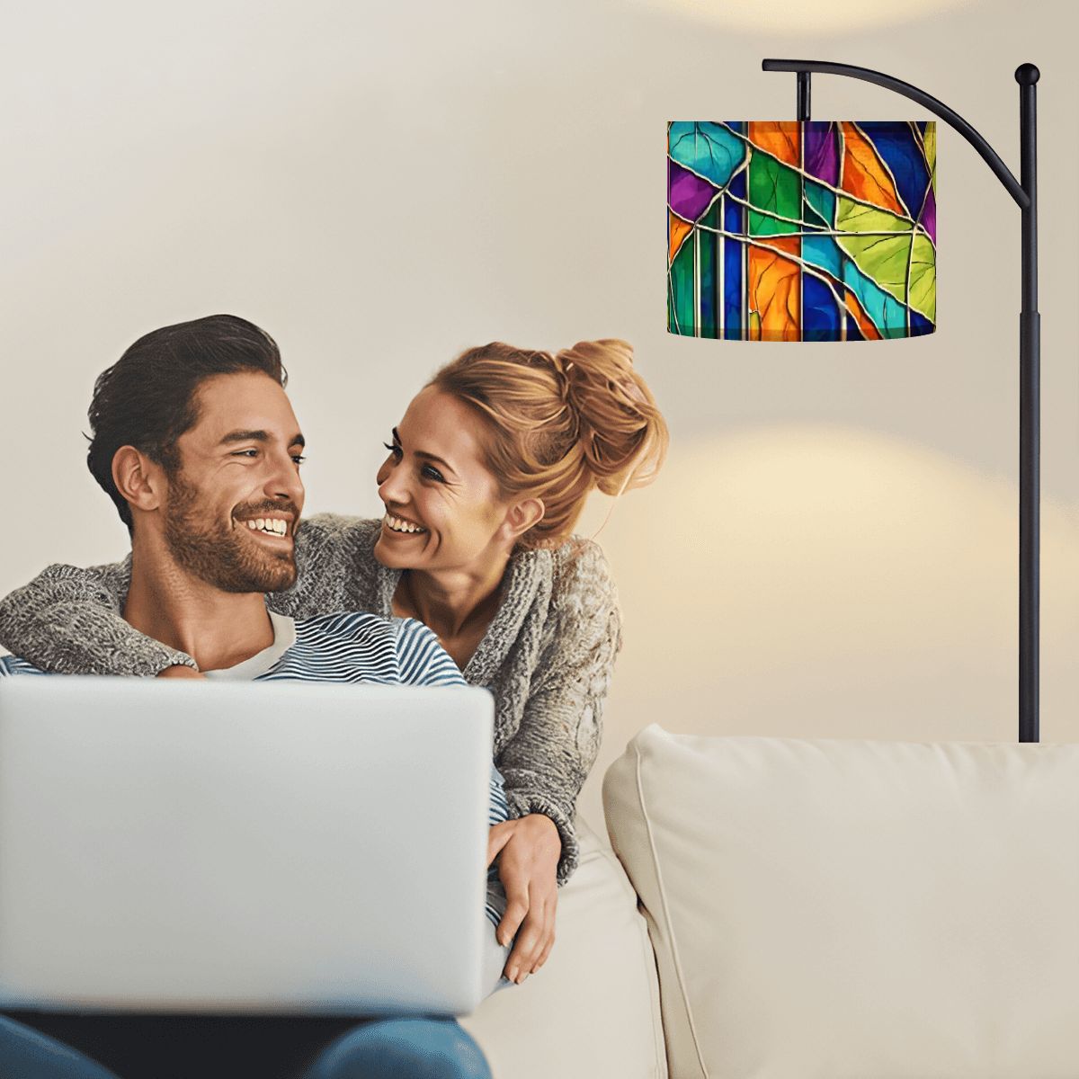 Kate McEnroe New York Mid Century Modern Faux Stained Glass Arc Floor LampArc Floor LampsDfy0hIa946