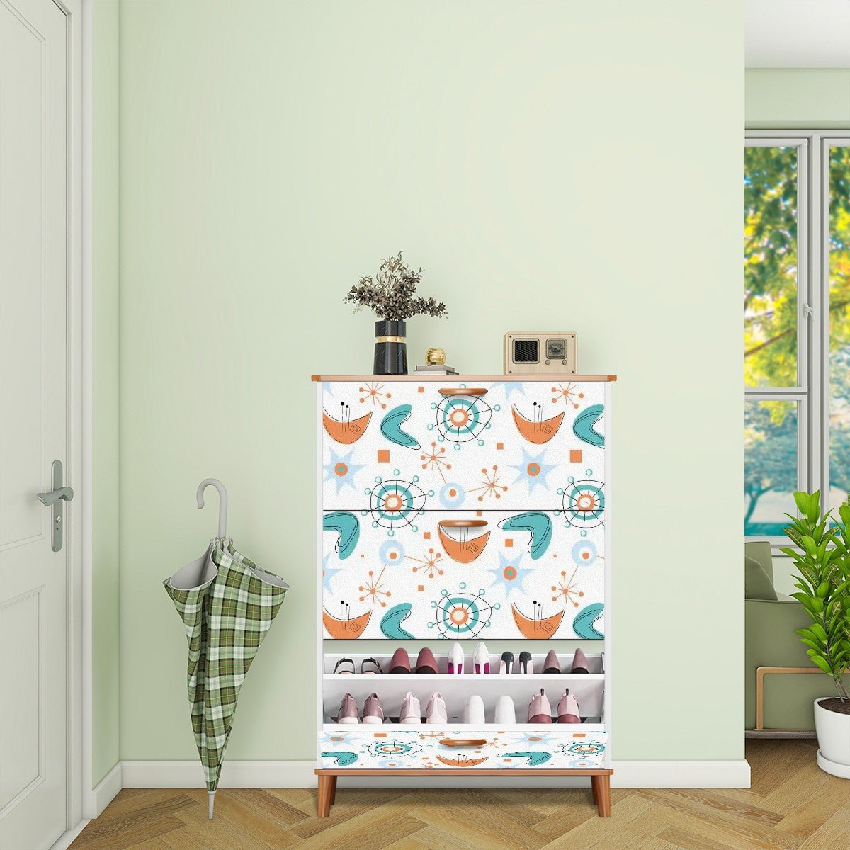 Kate McEnroe New York Mid Century Modern Flip Drawer Shoe Cabinet, Atomic Boomerang Starburst Design, Retro MCM Entryway OrganizerShoe Storagel0byYoxfl1