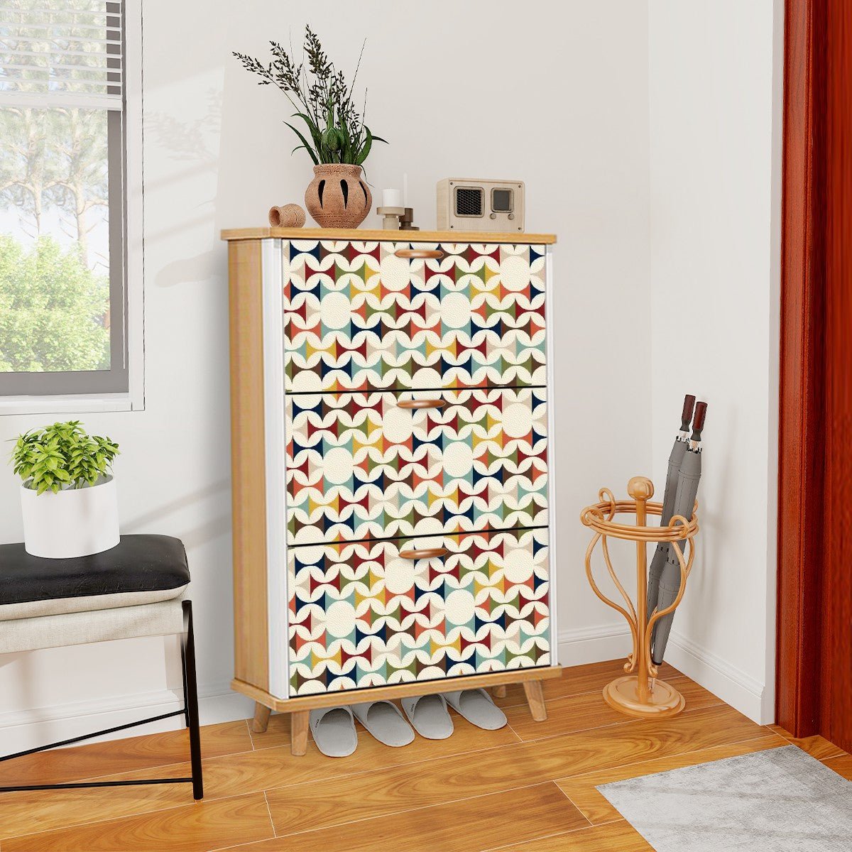 Kate McEnroe New York Mid Century Modern Flip Drawer Shoe Cabinet, Scandinavian Geometric Entryway Organizer, Retro MCM Storage UnitShoe StorageVXXCsEZday