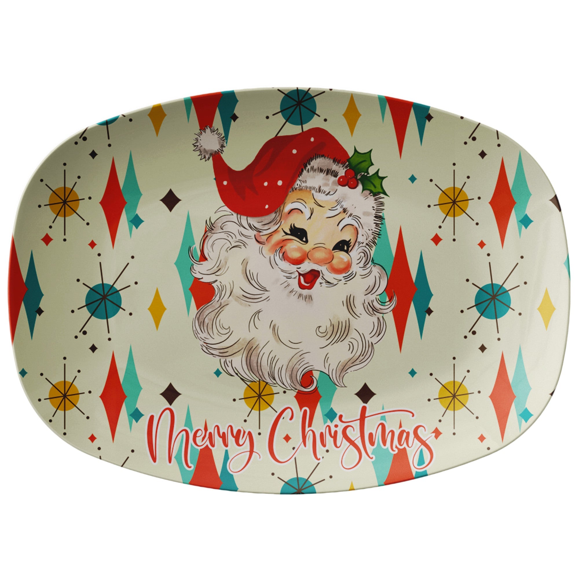 Kate McEnroe New York Mid Century Modern Franciscan Diamond Starburst Retro Vintage Santa Christmas PlatterServing Platters9727