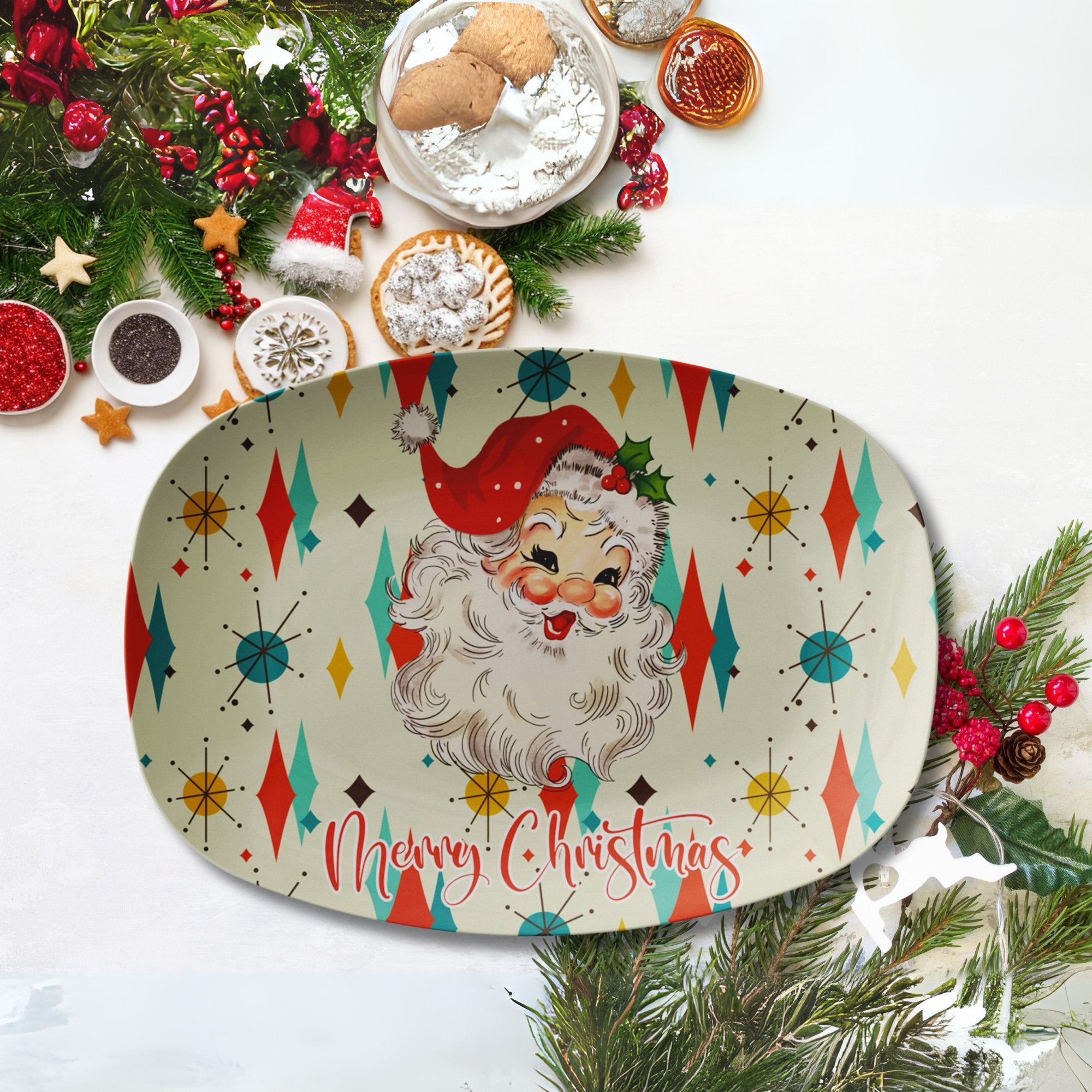 Kate McEnroe New York Mid Century Modern Franciscan Diamond Starburst Retro Vintage Santa Christmas PlatterServing Platters9727