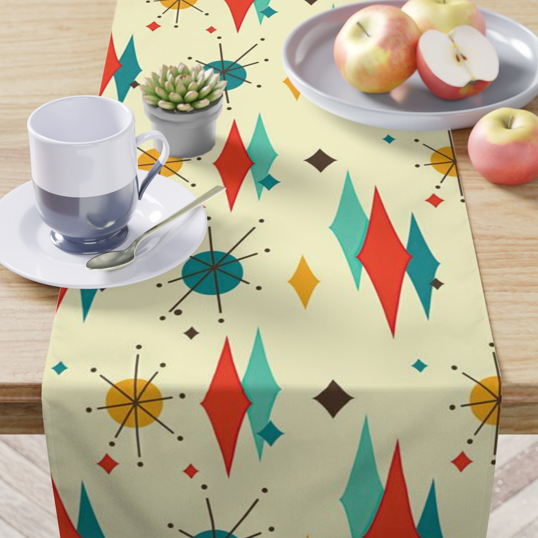 Kate McEnroe New York Mid Century Modern Franciscan Diamond Starburst Table Runner, Retro Beige, Orange, Teal, Mustard Yellow Table Linens, 50s MCM Dining Table DecorTable Runners75918983597716366675