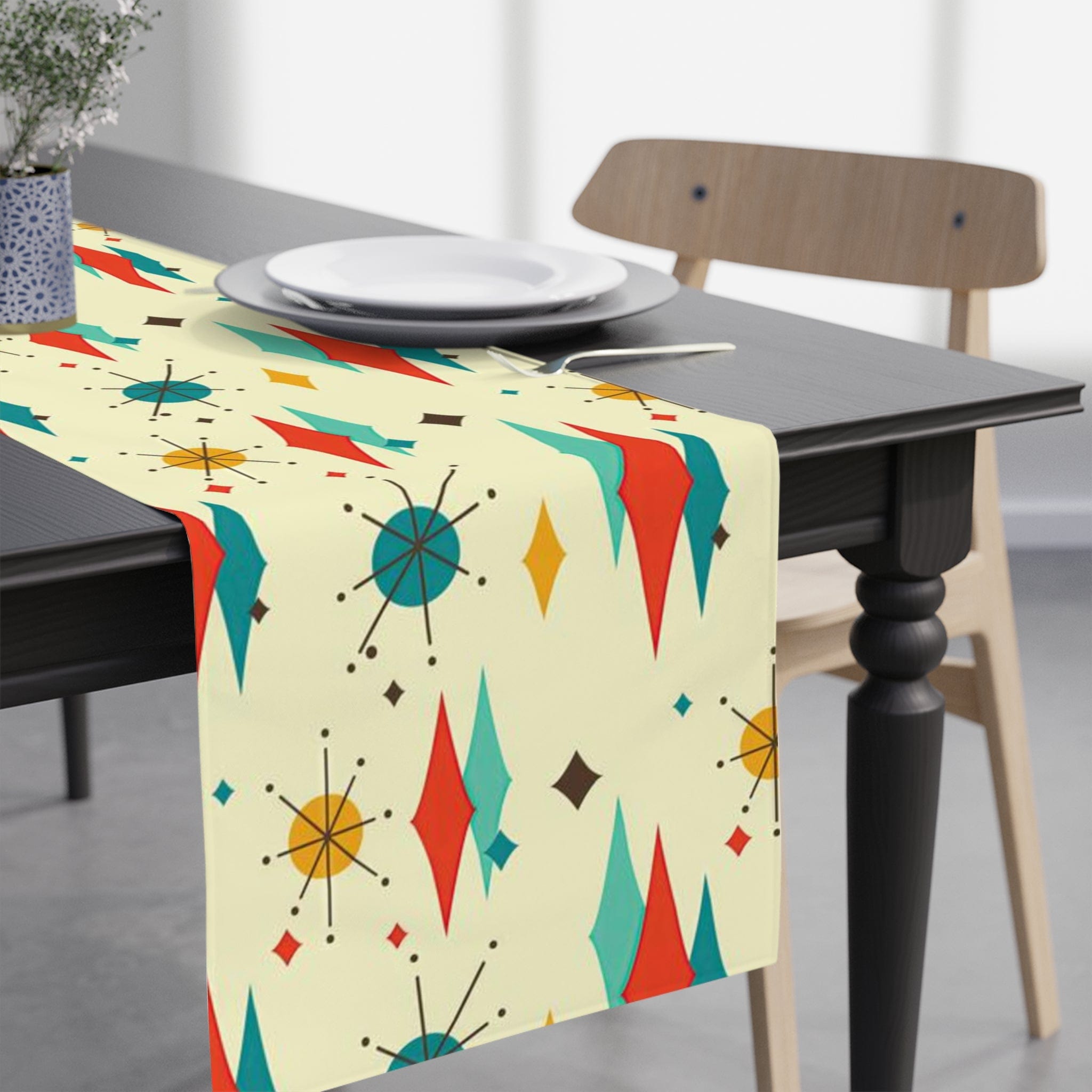 Kate McEnroe New York Mid Century Modern Franciscan Diamond Starburst Table Runner, Retro Beige, Orange, Teal, Mustard Yellow Table Linens, 50s MCM Dining Table DecorTable Runners75918983597716366675