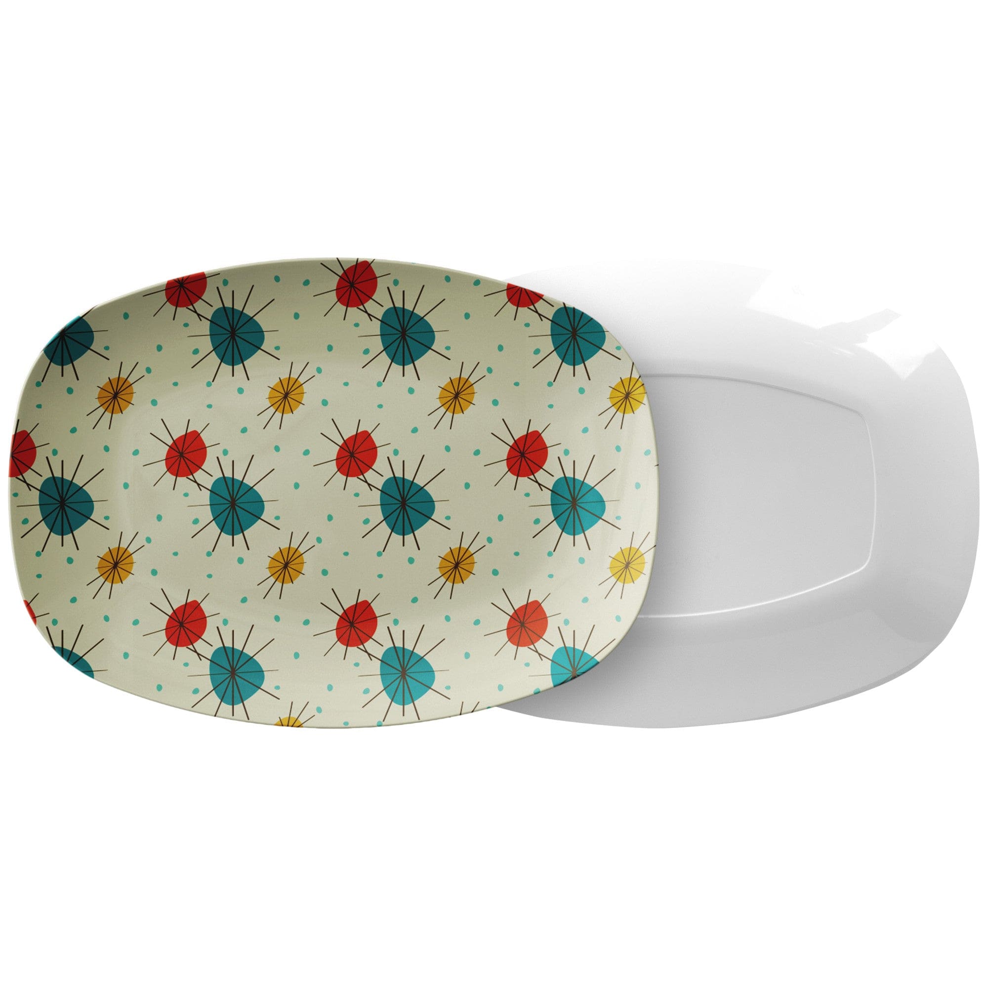 Kate McEnroe New York Mid Century Modern Franciscan Starburst Serving Platters, Atomic Teal, Mustard, Orange, Retro Serving TraysServing PlattersP23 - FSB - MGN - 62