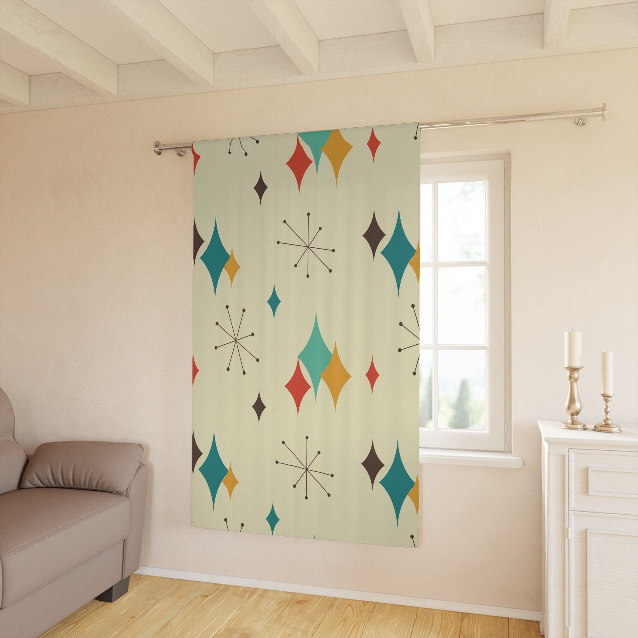 Kate McEnroe New York Mid Century Modern Franciscan Starburst Window Curtains, Retro Groovy Curtain Panel, Vintage 50s Vibe, Funky Draperies, Atomic Age DesignWindow CurtainsW3S - FSB - OTH - B04