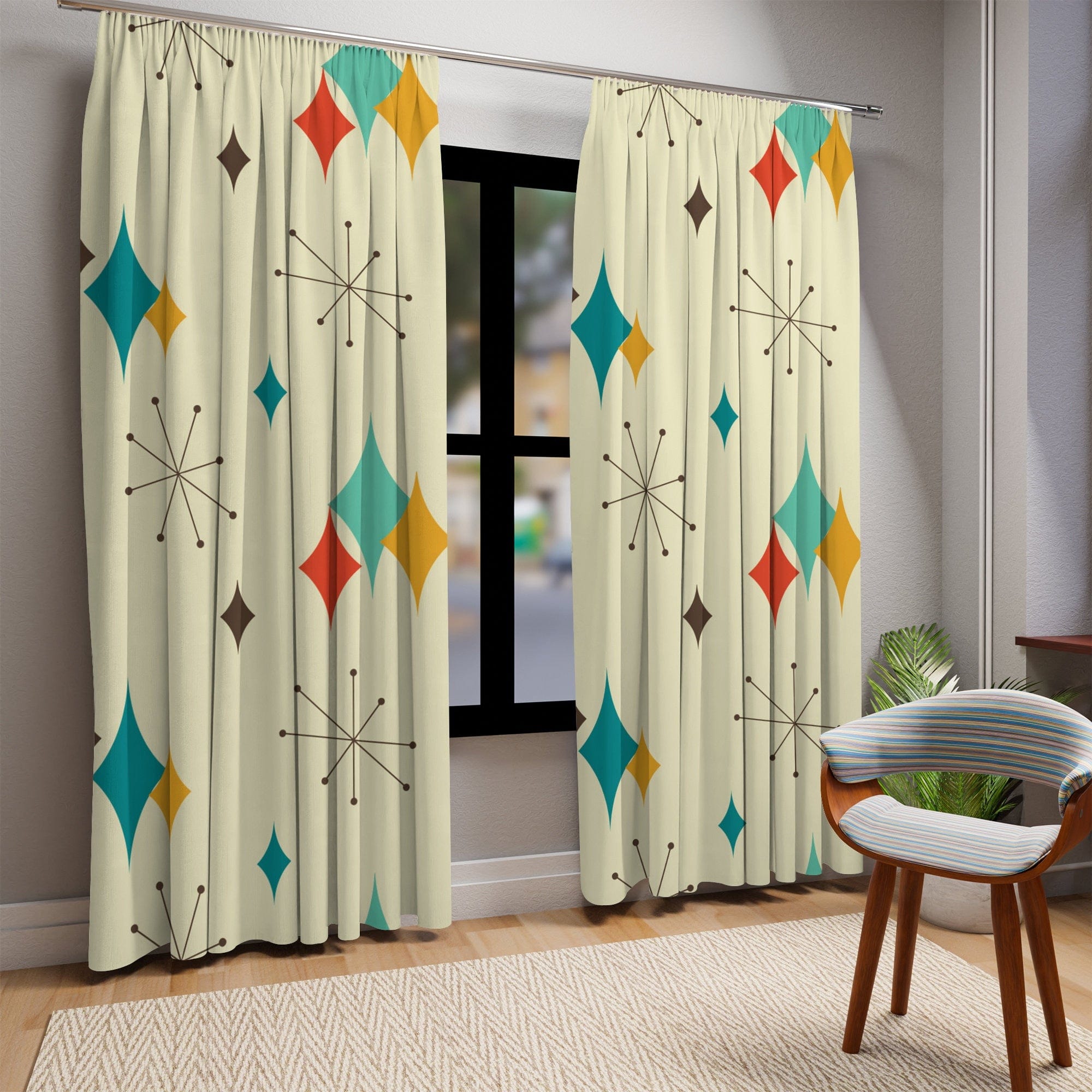 Kate McEnroe New York Mid Century Modern Franciscan Starburst Window Curtains, Retro Groovy Curtain Panel, Vintage 50s Vibe, Funky Draperies, Atomic Age DesignWindow CurtainsW3S - FSB - OTH - B04