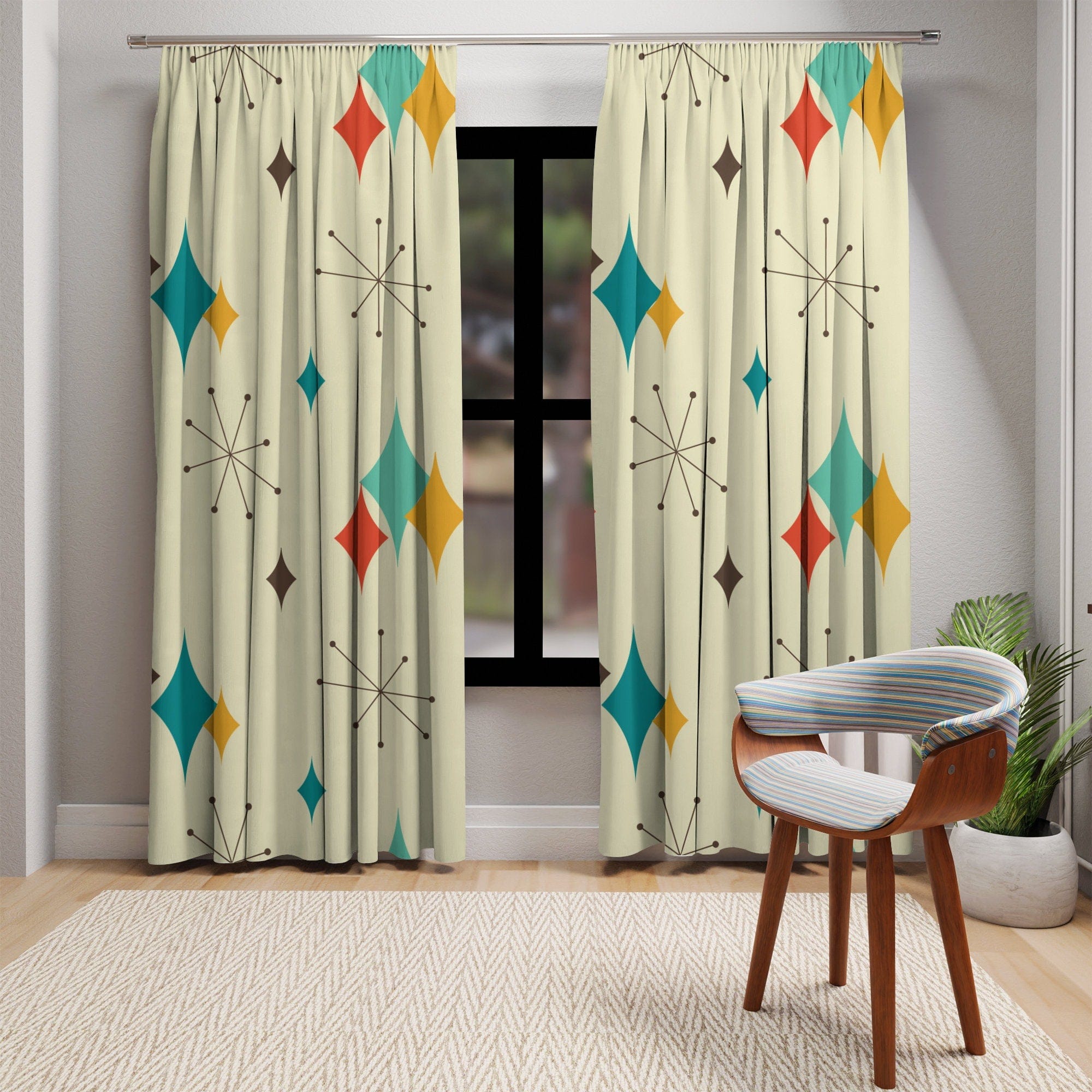 Kate McEnroe New York Mid Century Modern Franciscan Starburst Window Curtains, Retro Groovy Curtain Panel, Vintage 50s Vibe, Funky Draperies, Atomic Age DesignWindow CurtainsW3S - FSB - OTH - B04