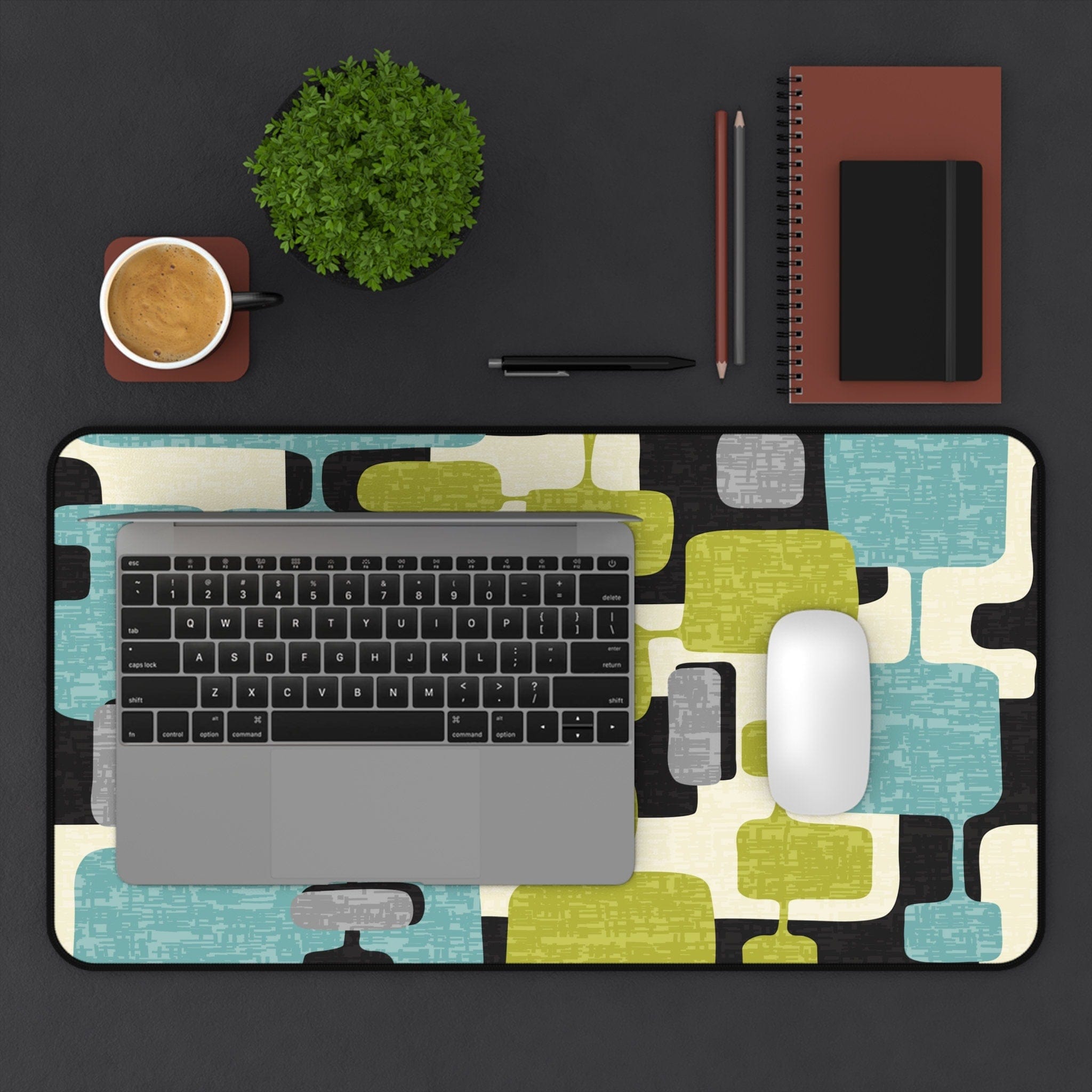 Kate McEnroe New York Mid Century Modern Geometric Abstract Desk Mat, Retro Teal, Lime Green, Gray, Black MCM office AccessoriesDesk Pads79204360823469201129