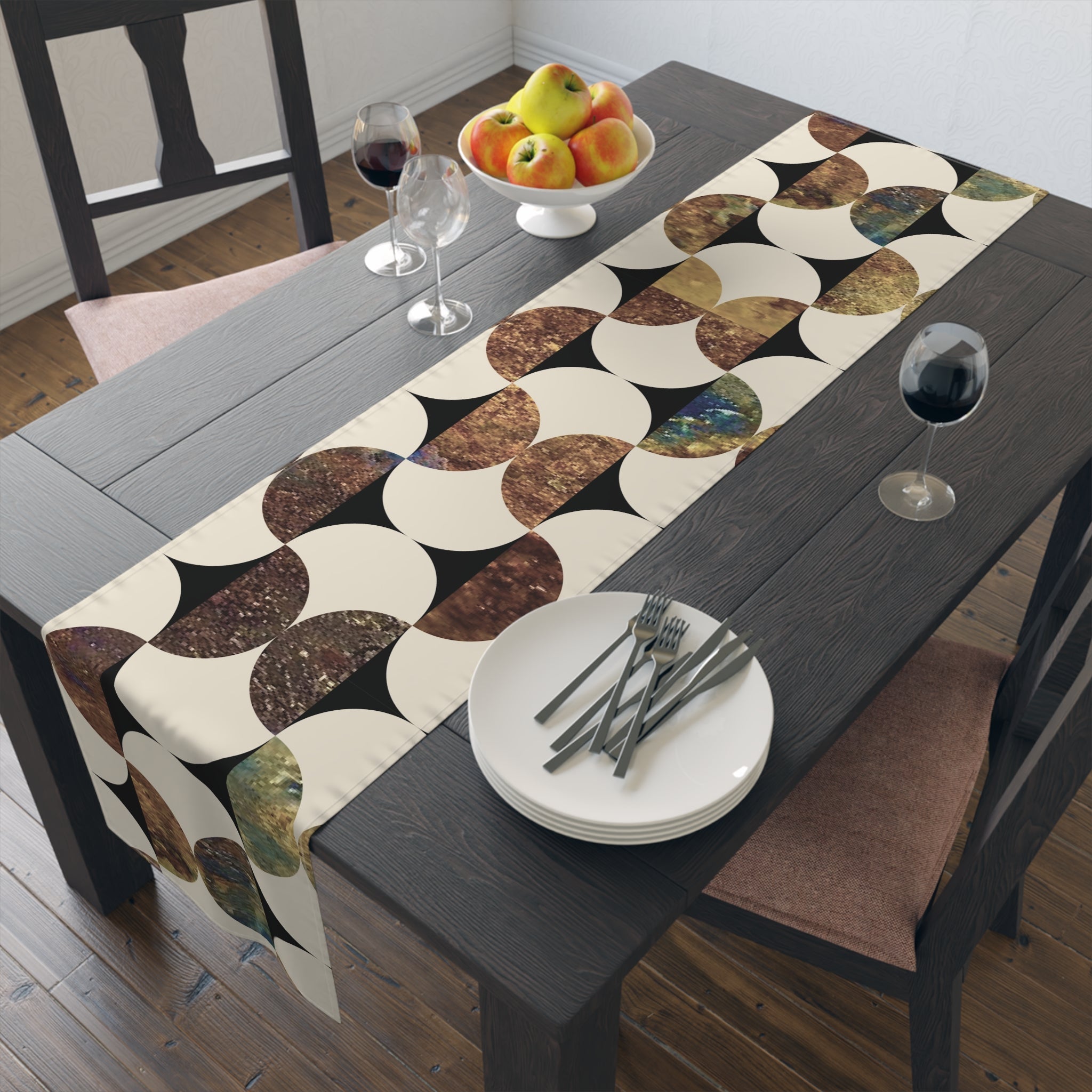 Kate McEnroe New York Mid Century Modern Geometric Abstract Table Runner, Brown, Blue Beige Retro Table DecorTable Runners12083302192948189206