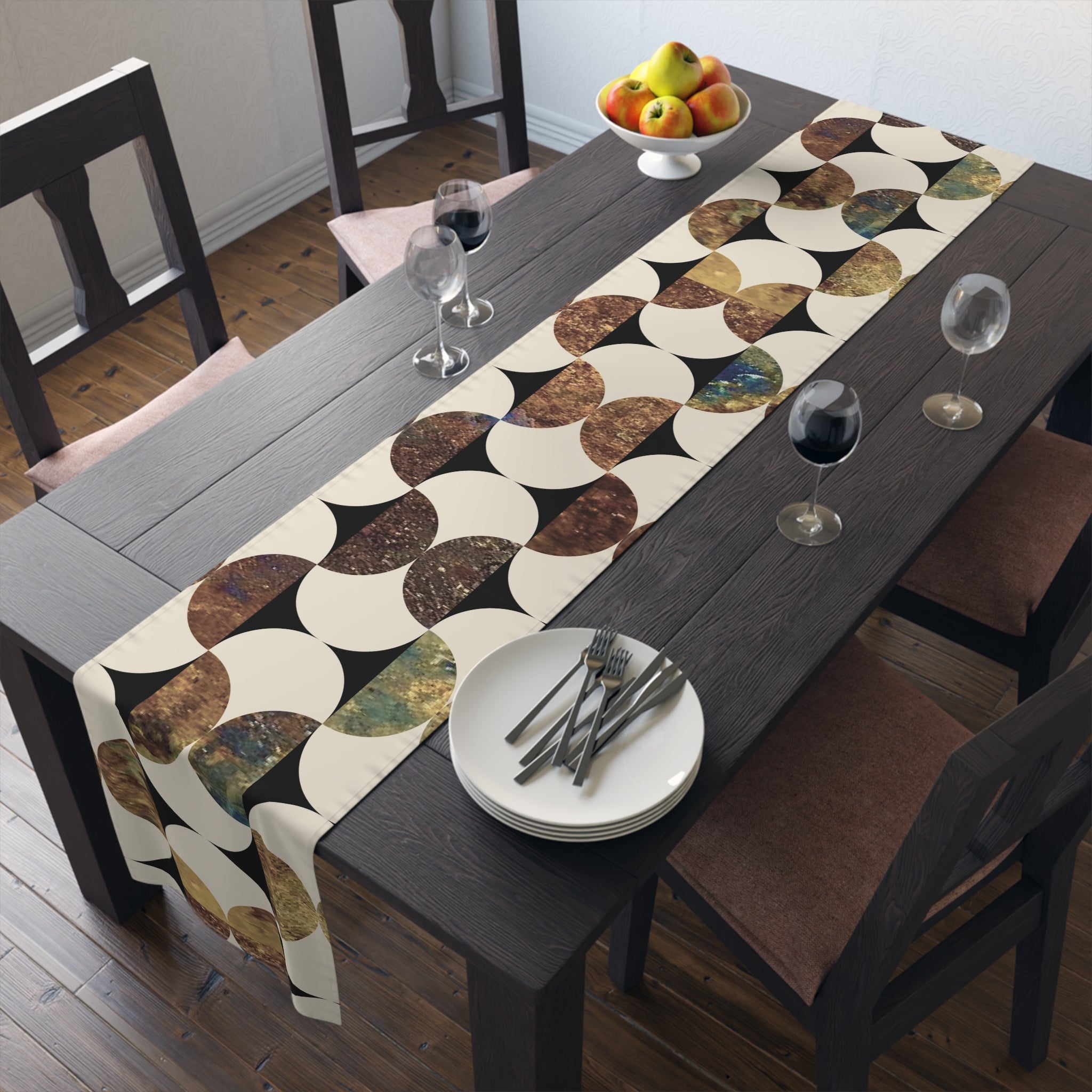 Kate McEnroe New York Mid Century Modern Geometric Abstract Table Runner, Brown, Blue Beige Retro Table DecorTable Runners13794885788887874984