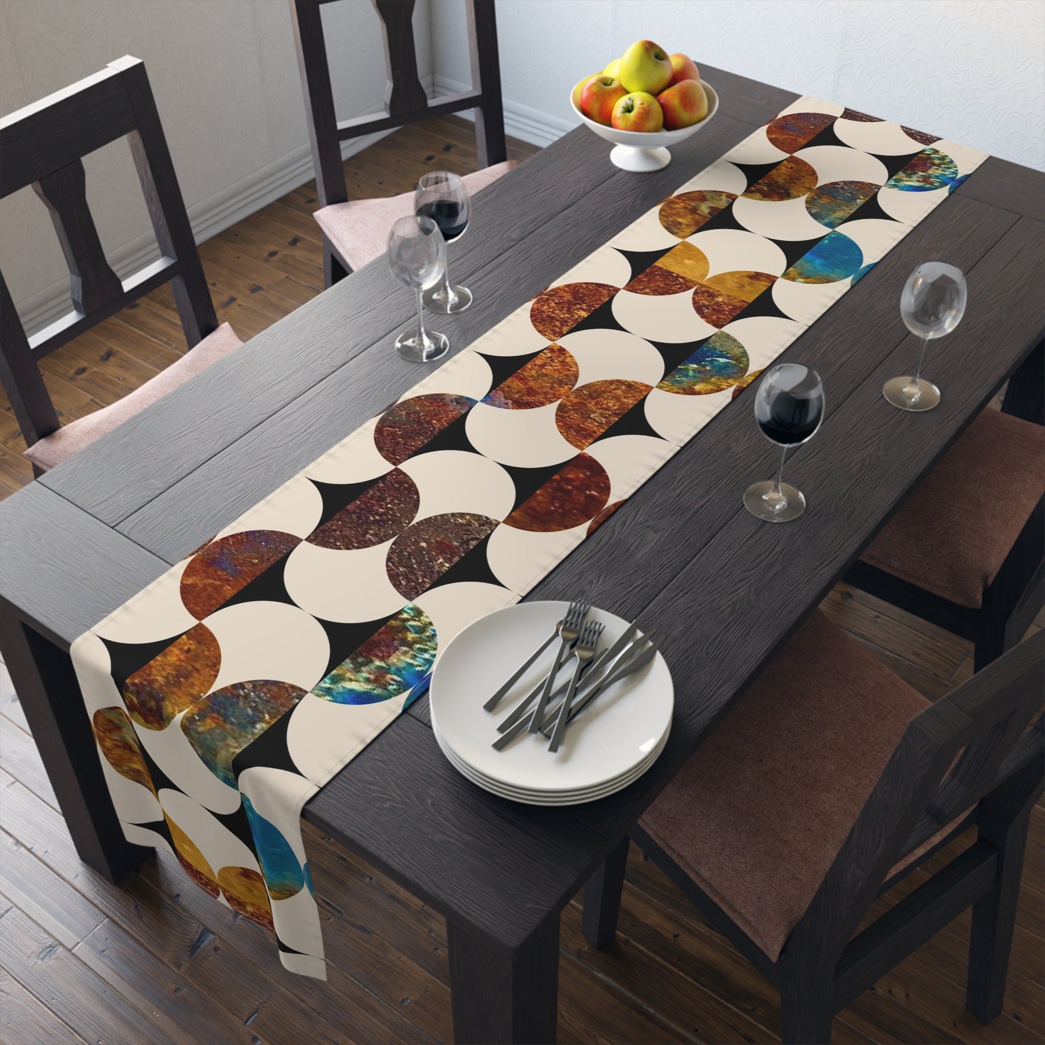Kate McEnroe New York Mid Century Modern Geometric Abstract Table Runner, Brown, Blue Beige Retro Table DecorTable Runners47790153180242797487