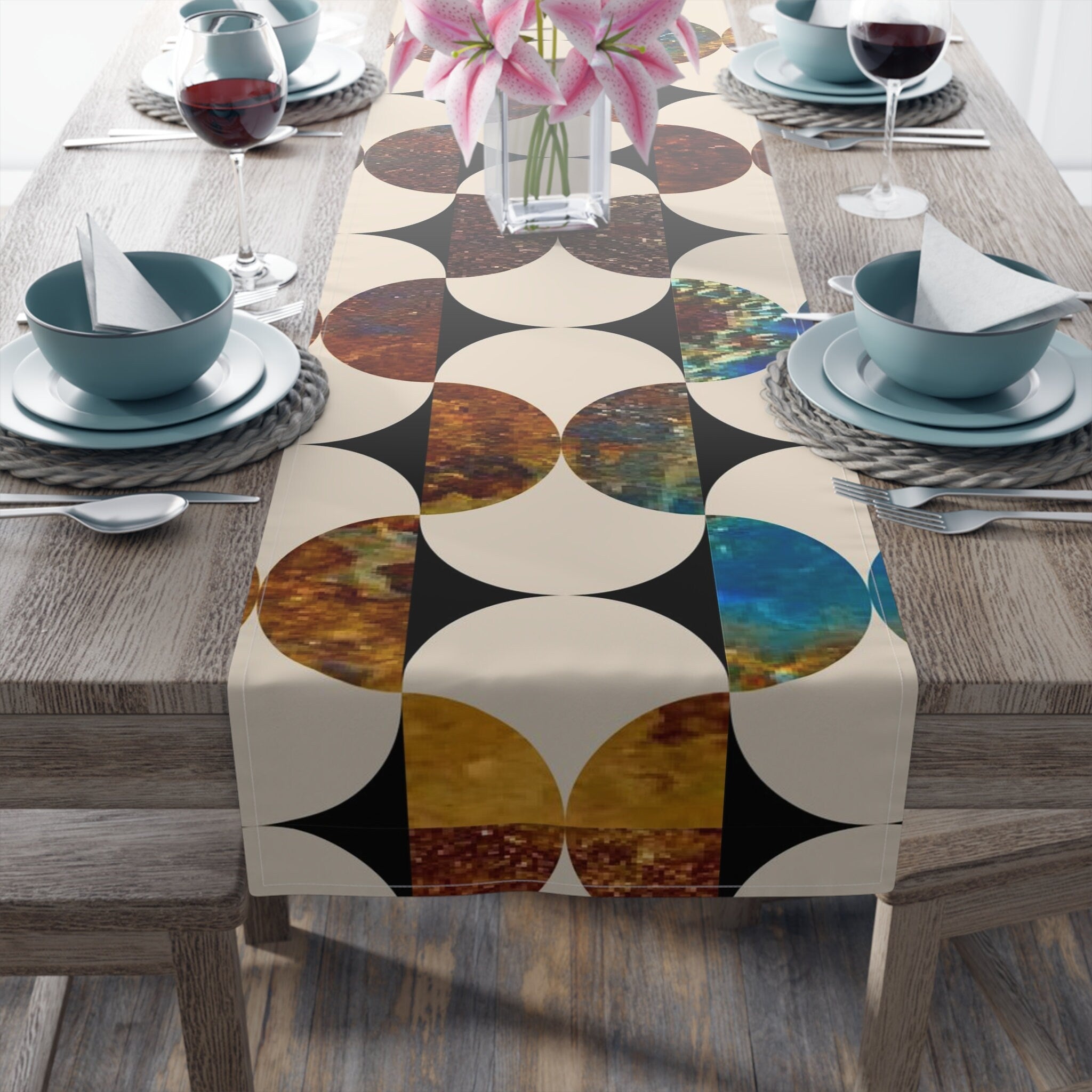 Kate McEnroe New York Mid Century Modern Geometric Abstract Table Runner, Brown, Blue Beige Retro Table DecorTable Runners47790153180242797487
