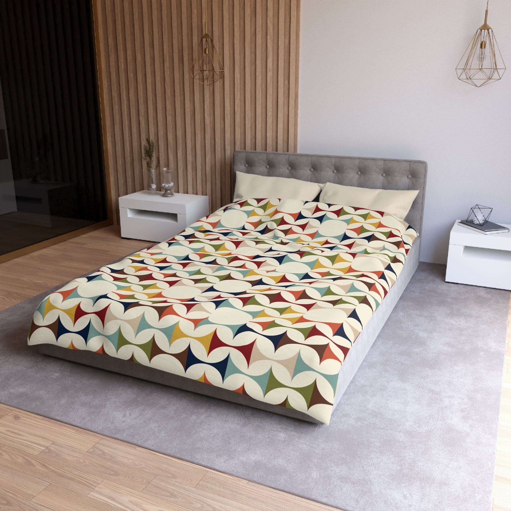 Kate McEnroe New York Mid Century Modern Geometric Duvet Cover, 60s Retro MCM Cream, Teal, Mustard, Rust Color Block BeddingDuvet Covers18402053475071603081