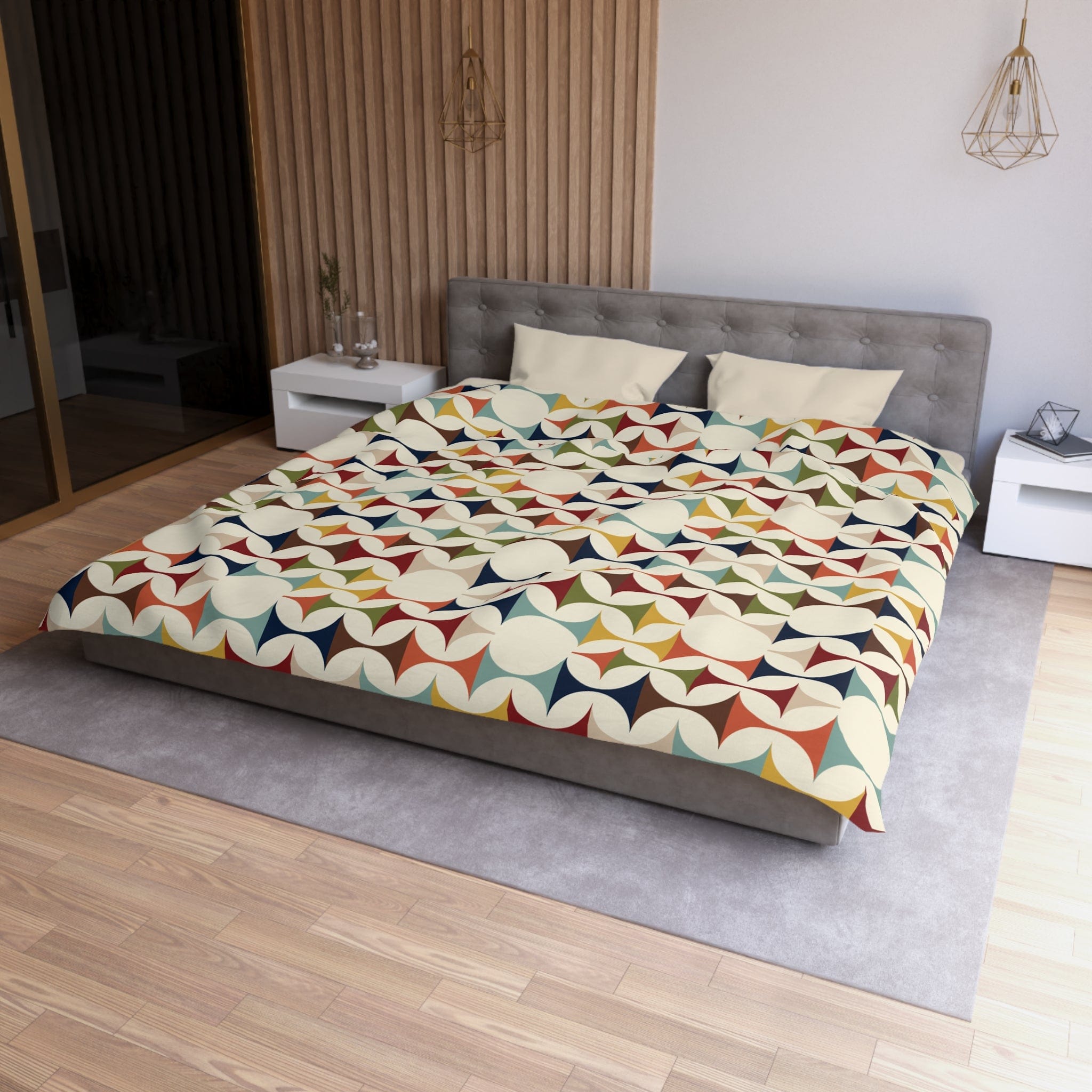 Kate McEnroe New York Mid Century Modern Geometric Duvet Cover, 60s Retro MCM Cream, Teal, Mustard, Rust Color Block BeddingDuvet Covers29146081151225855188