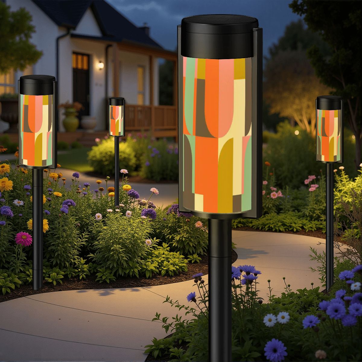 Mid Century Modern Geometric Outdoor Solar Lights, Retro Garden