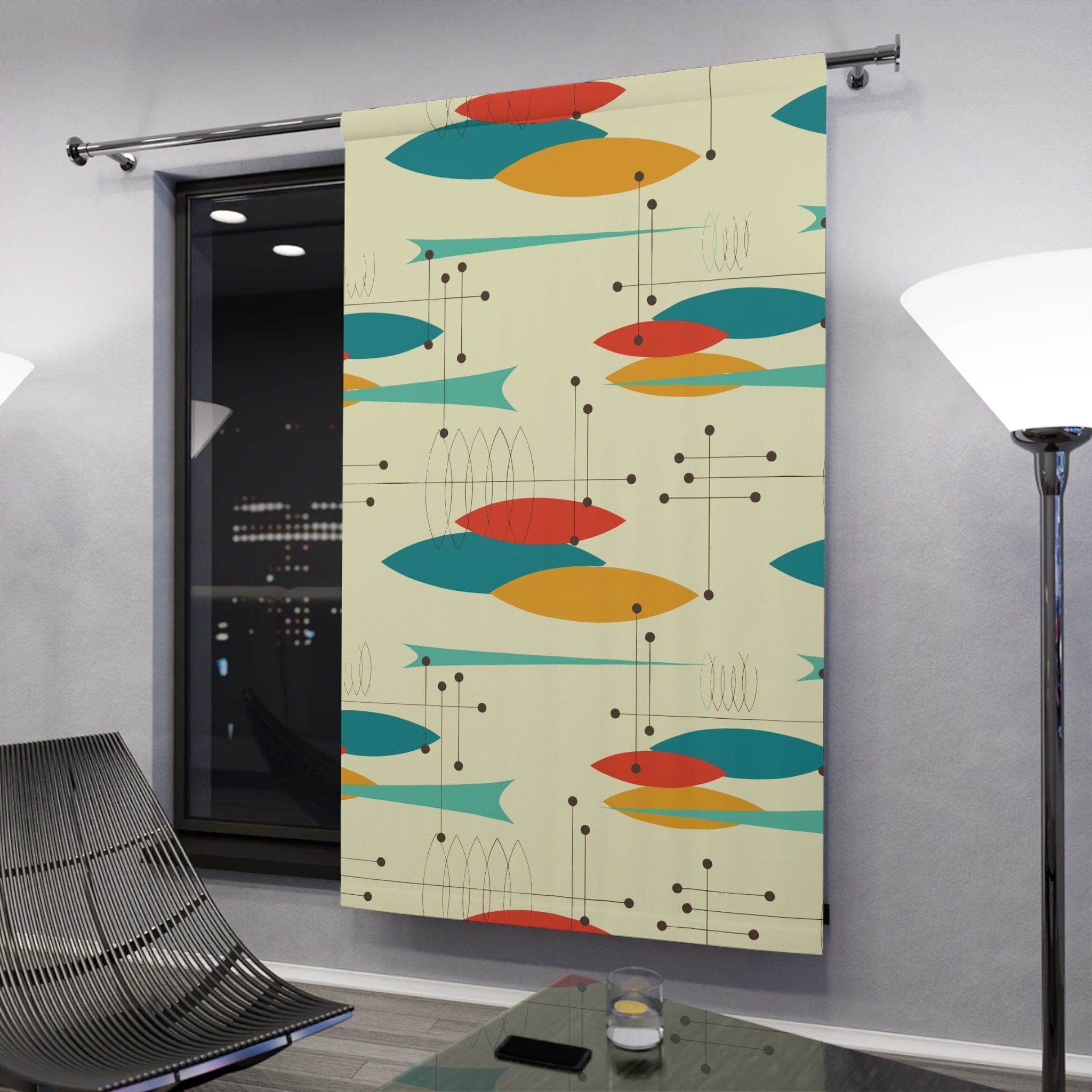 Kate McEnroe New York Mid Century Modern Geometric Pattern Curtains - Retro Atomic Style Starburst Prints in Orange, Aqua, Mustard and TealWindow CurtainsW30S - FIS - CRE - SH6