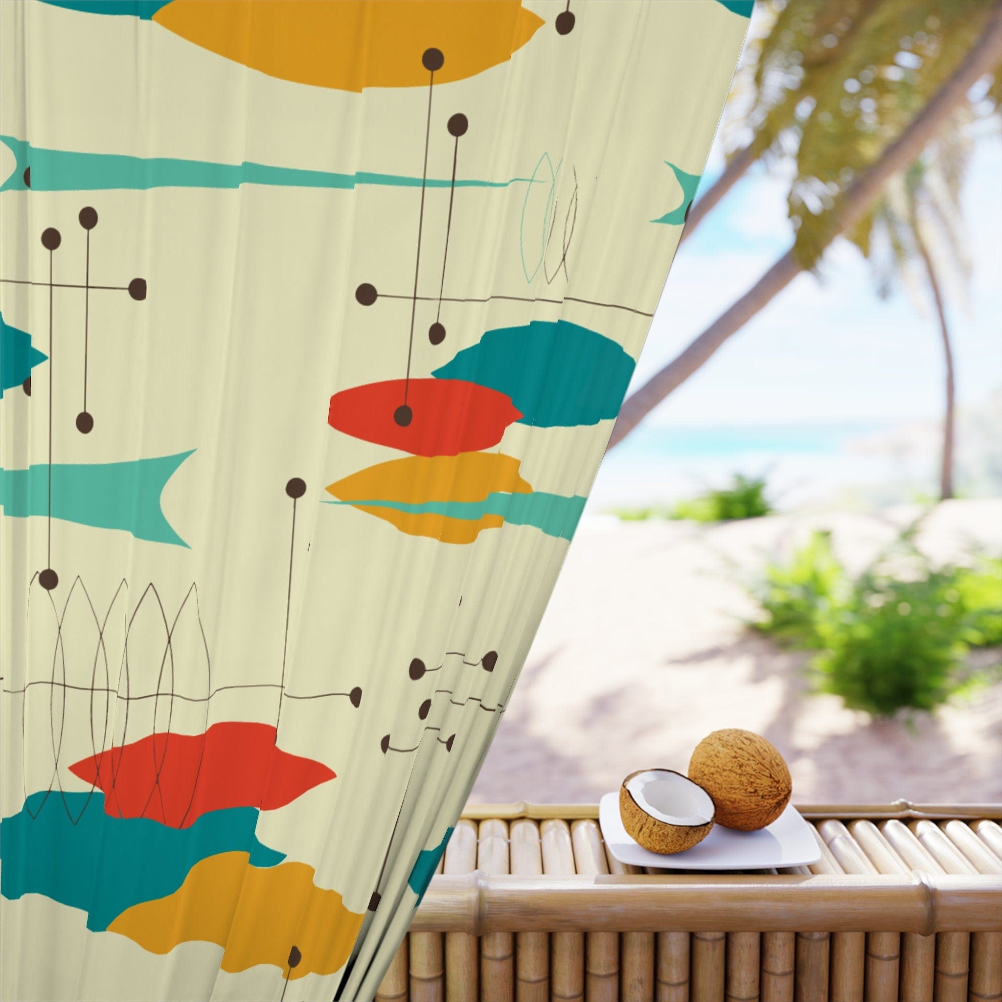 Kate McEnroe New York Mid Century Modern Geometric Pattern Curtains - Retro Atomic Style Starburst Prints in Orange, Aqua, Mustard and TealWindow CurtainsW30S - FIS - CRE - SH6