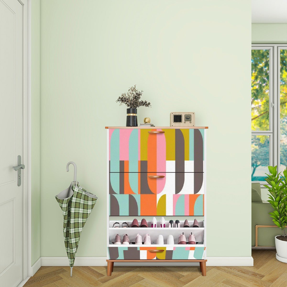 Kate McEnroe New York Mid Century Modern Geometric Shoe Cabinet Retro 60s AccentShoe StorageQ05Yk5jpcB