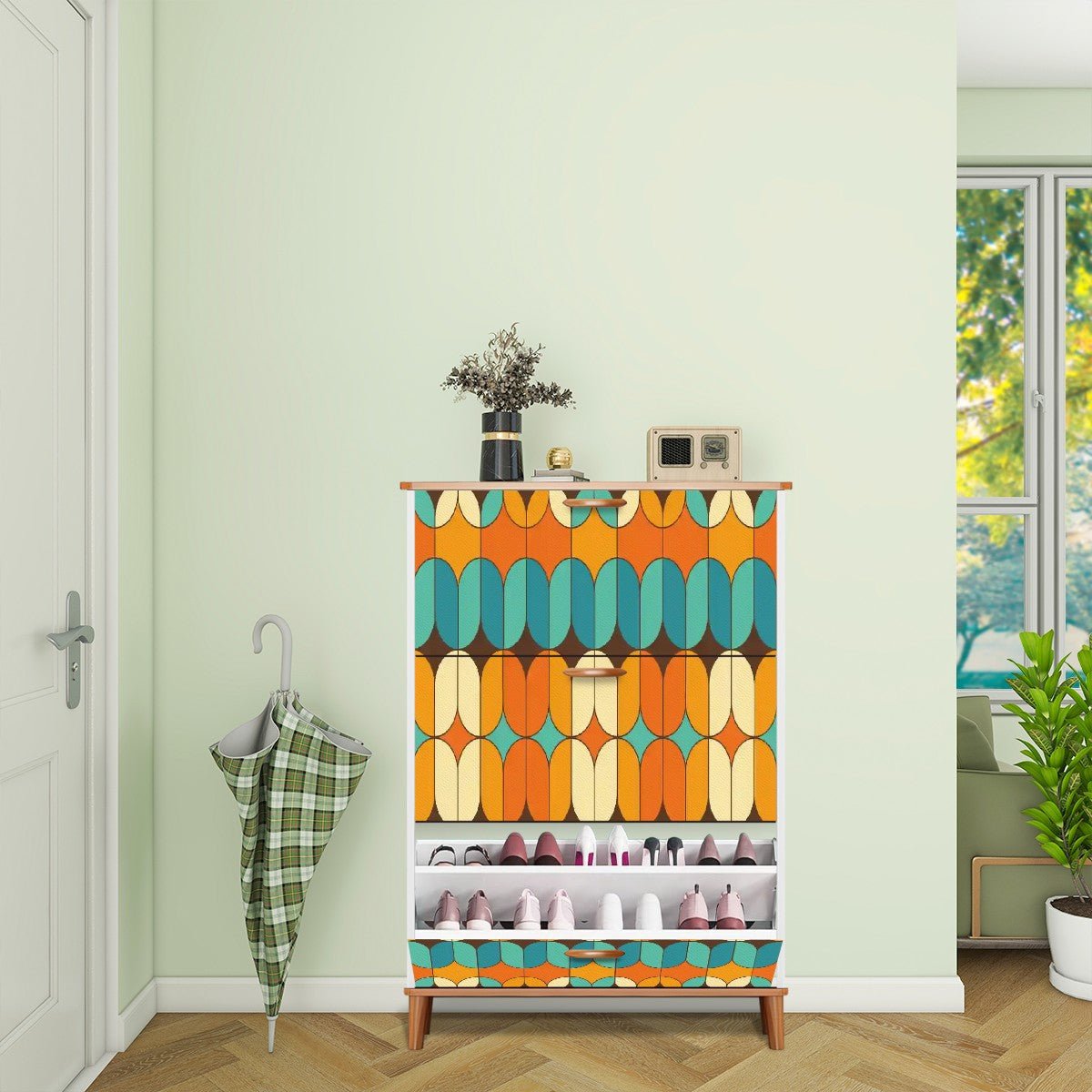 Kate McEnroe New York Mid Century Modern Geometric Shoe Cabinet, Retro 60s Mod Storage Accent, Vintage MCM Entryway OrganizerShoe StorageAOCi0Udan3