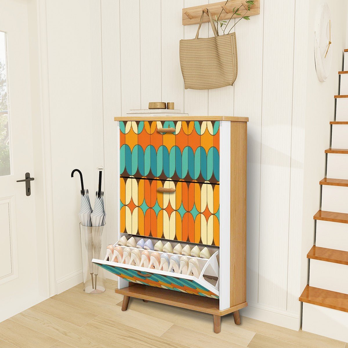 Kate McEnroe New York Mid Century Modern Geometric Shoe Cabinet, Retro 60s Mod Storage Accent, Vintage MCM Entryway OrganizerShoe StorageAOCi0Udan3