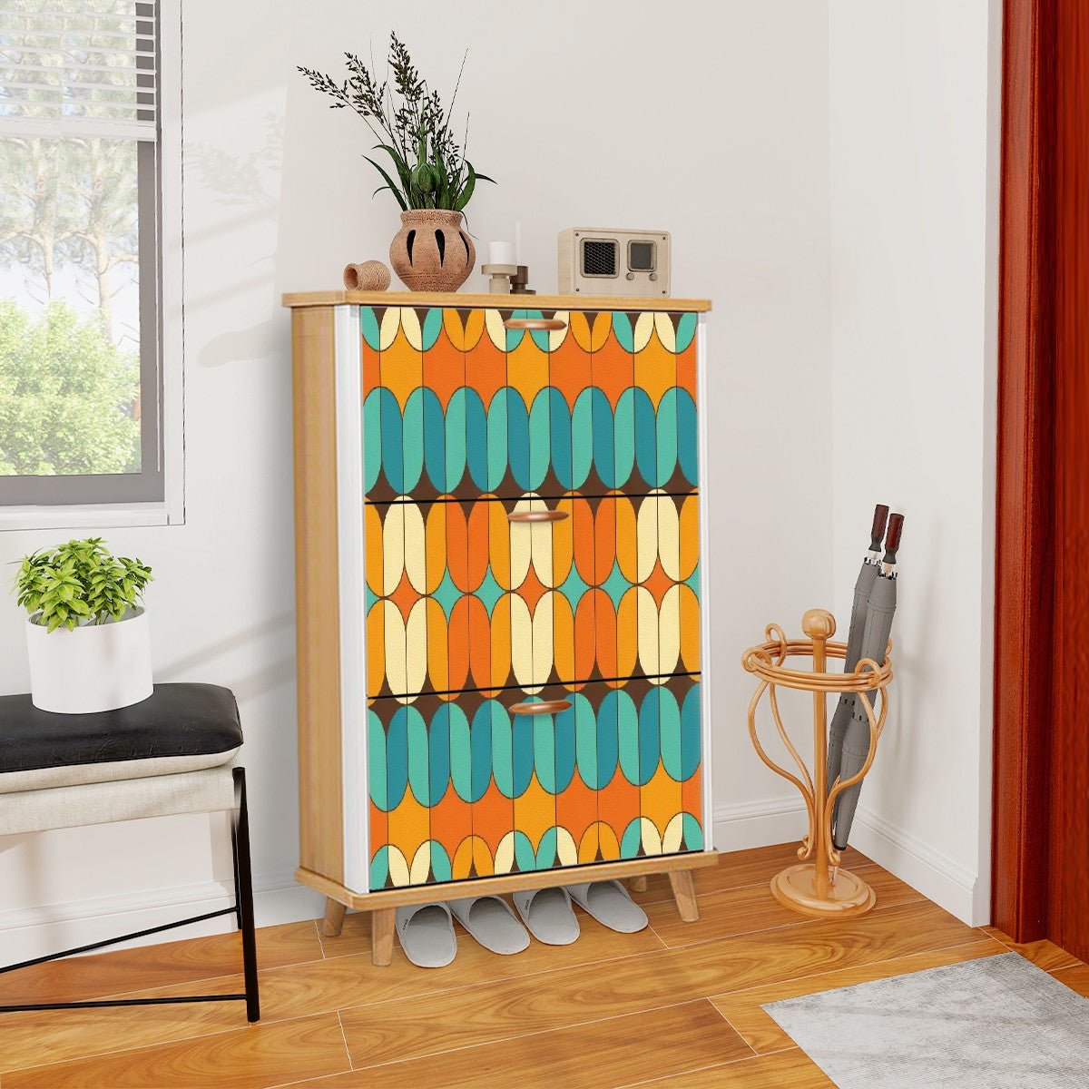 Kate McEnroe New York Mid Century Modern Geometric Shoe Cabinet, Retro 60s Mod Storage Accent, Vintage MCM Entryway OrganizerShoe StorageAOCi0Udan3