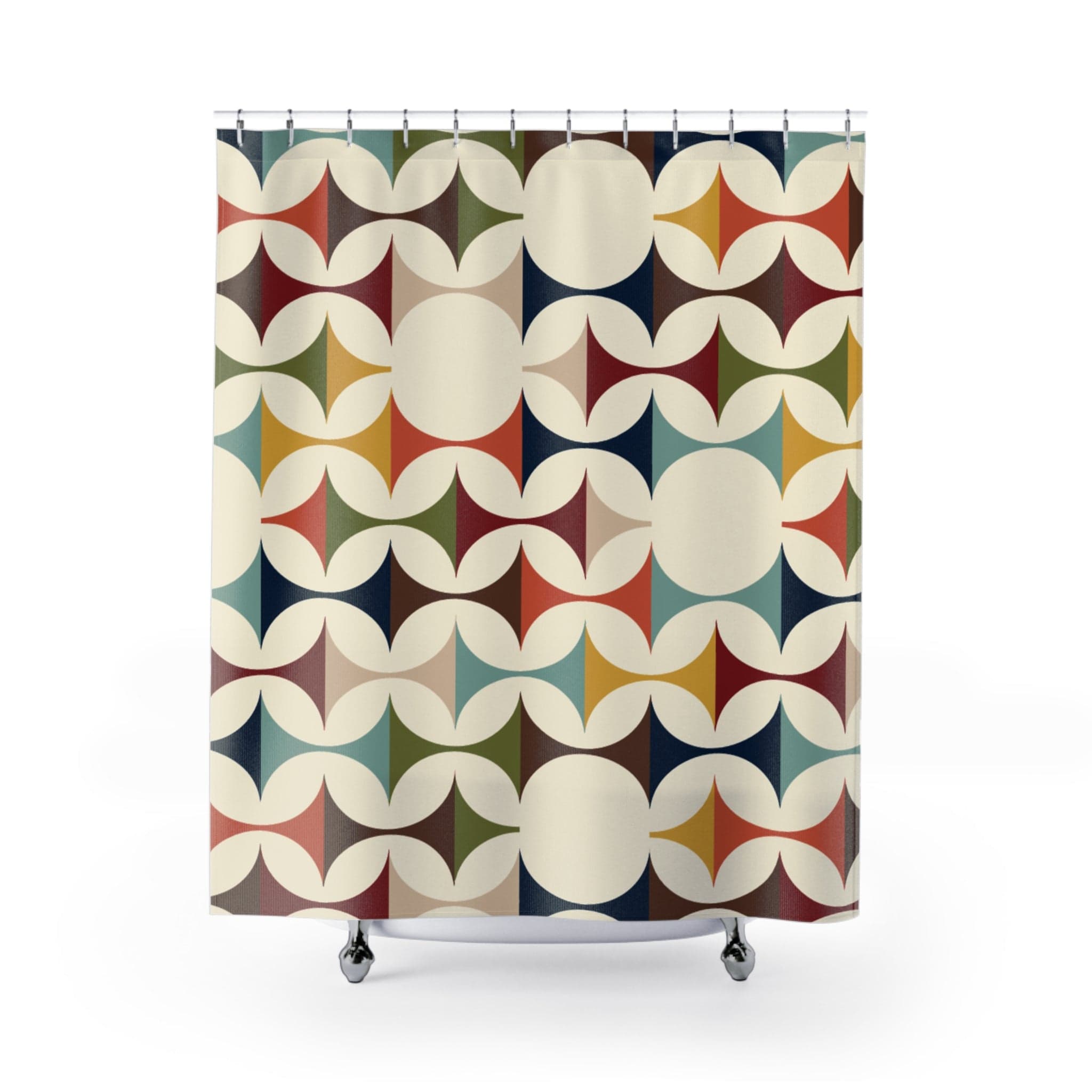 Kate McEnroe New York Mid Century Modern Geometric Shower Curtain, 60s Retro MCM Cream, Teal, Mustard, Rust Color Bath DecorShower Curtains28828213700925365354