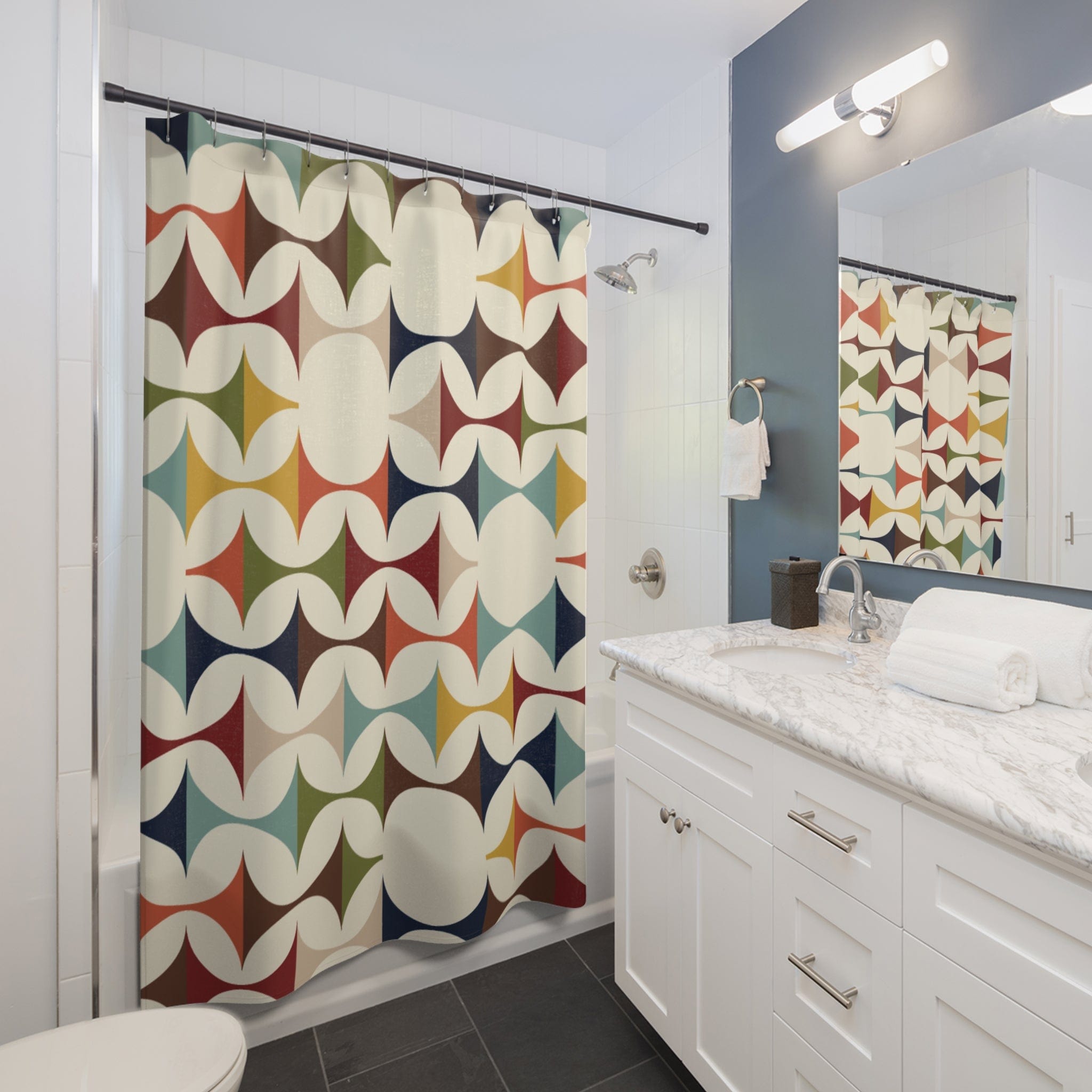Kate McEnroe New York Mid Century Modern Geometric Shower Curtain, 60s Retro MCM Cream, Teal, Mustard, Rust Color Bath DecorShower Curtains28828213700925365354