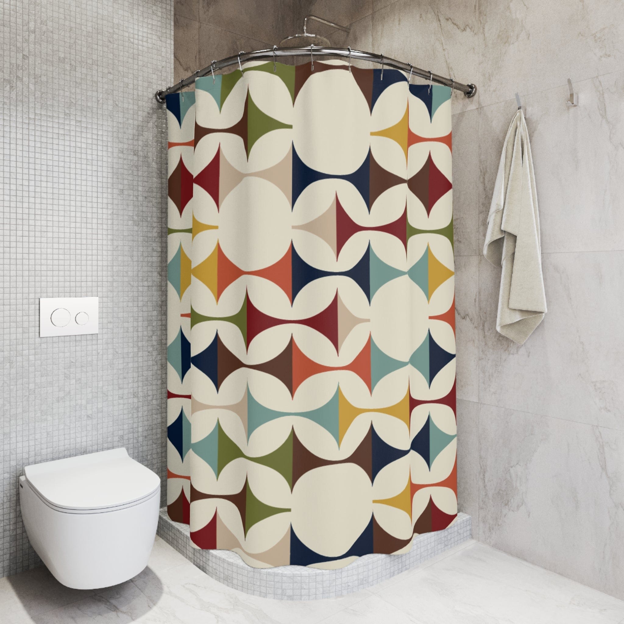 Kate McEnroe New York Mid Century Modern Geometric Shower Curtain, 60s Retro MCM Cream, Teal, Mustard, Rust Color Bath DecorShower Curtains28828213700925365354