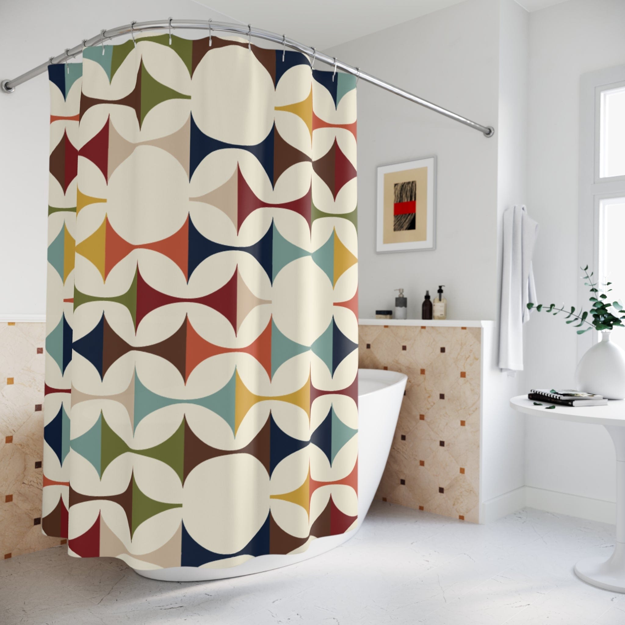 Kate McEnroe New York Mid Century Modern Geometric Shower Curtain, 60s Retro MCM Cream, Teal, Mustard, Rust Color Bath DecorShower Curtains28828213700925365354