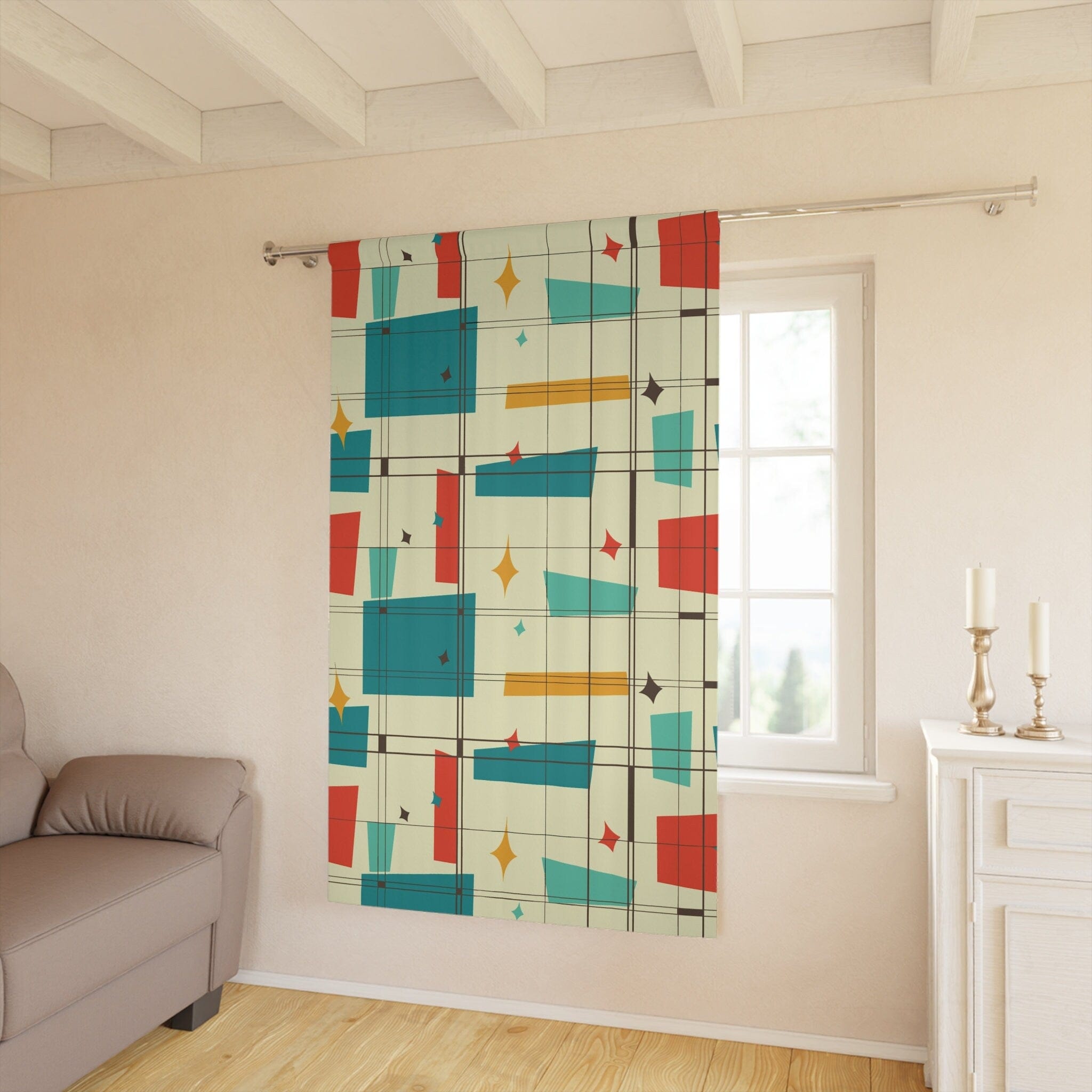Kate McEnroe New York Mid Century Modern Geometric Starburst Pattern Window Curtain, Atomic Squares, Rectangles Curtain Panels, Mid Mod Orange, Aqua, Teal, CreamWindow CurtainsW30S - SQU - CRE - SH7