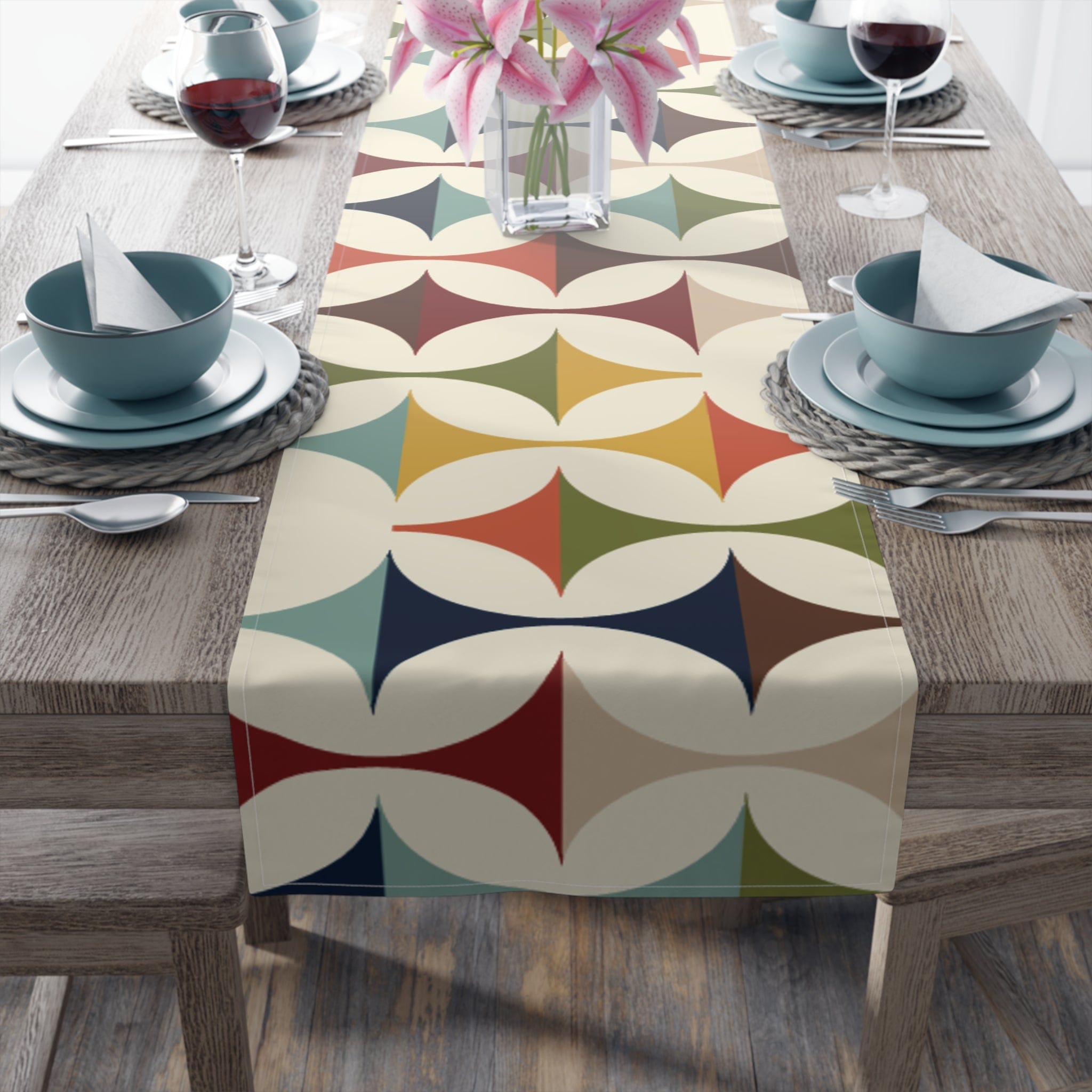 Kate McEnroe New York Mid Century Modern Geometric Table Runner, 60s Retro MCM Cream, Teal, Mustard, Rust Cotton, Poly Table LinensTable Runners10234569013370719751
