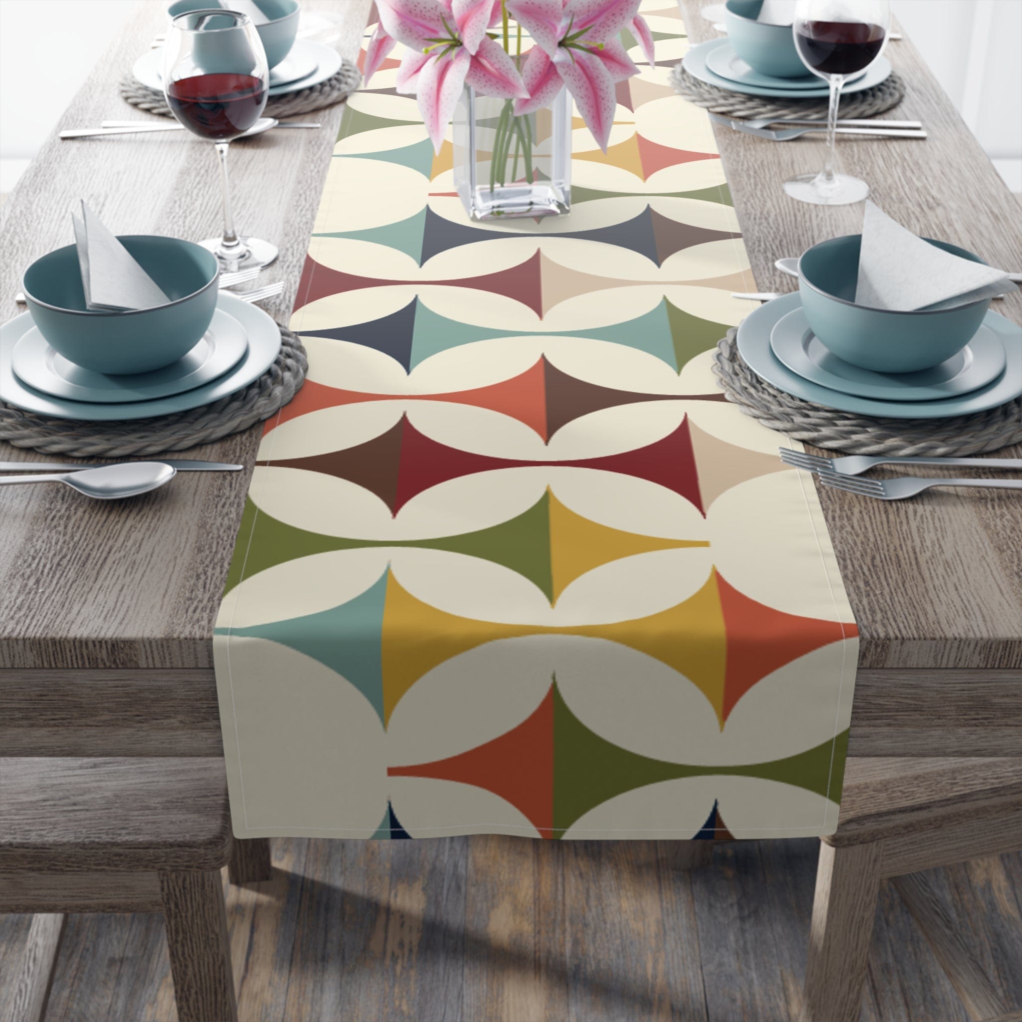 Kate McEnroe New York Mid Century Modern Geometric Table Runner, 60s Retro MCM Cream, Teal, Mustard, Rust Cotton, Poly Table LinensTable Runners20310151982747092307