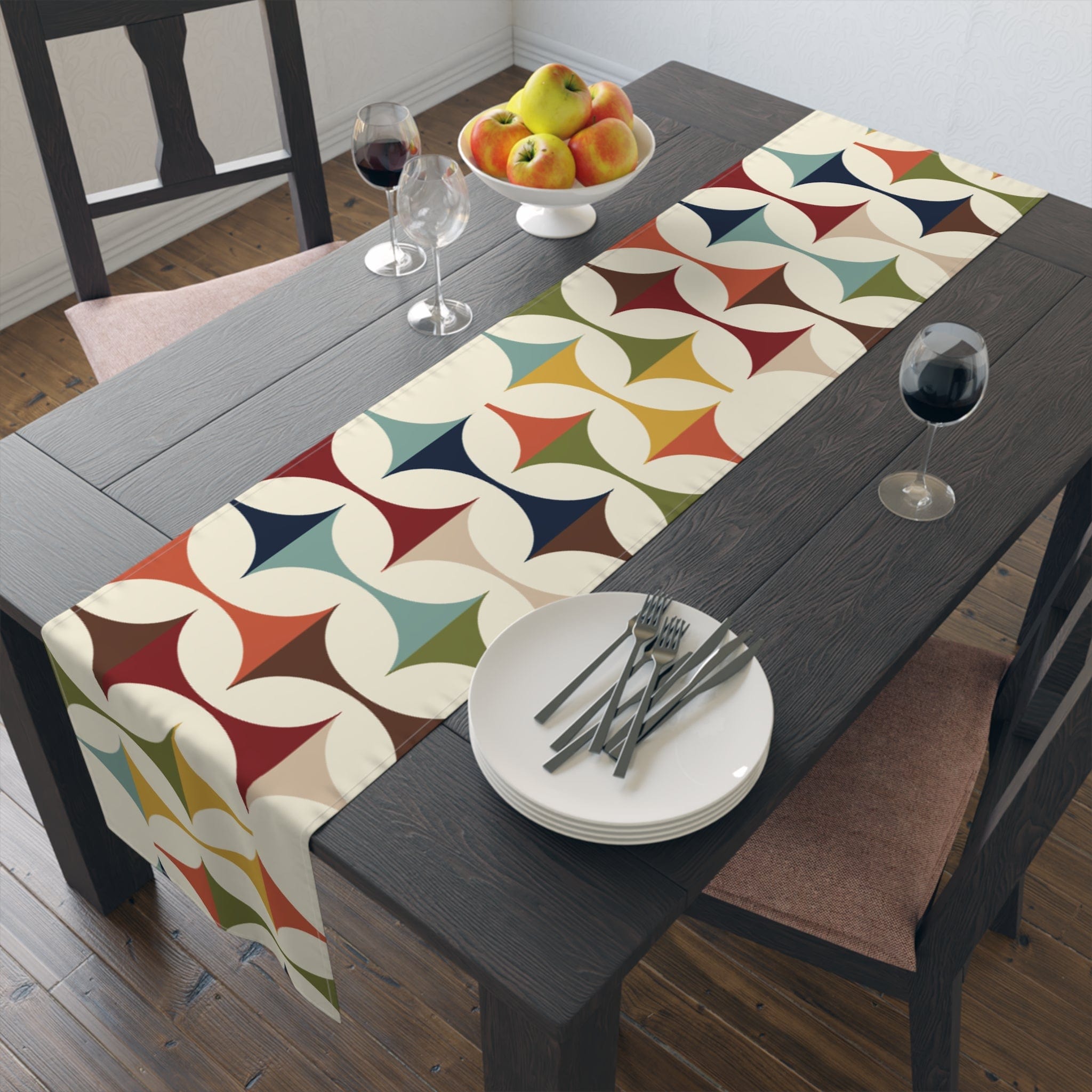 Kate McEnroe New York Mid Century Modern Geometric Table Runner, 60s Retro MCM Cream, Teal, Mustard, Rust Cotton, Poly Table LinensTable Runners20310151982747092307