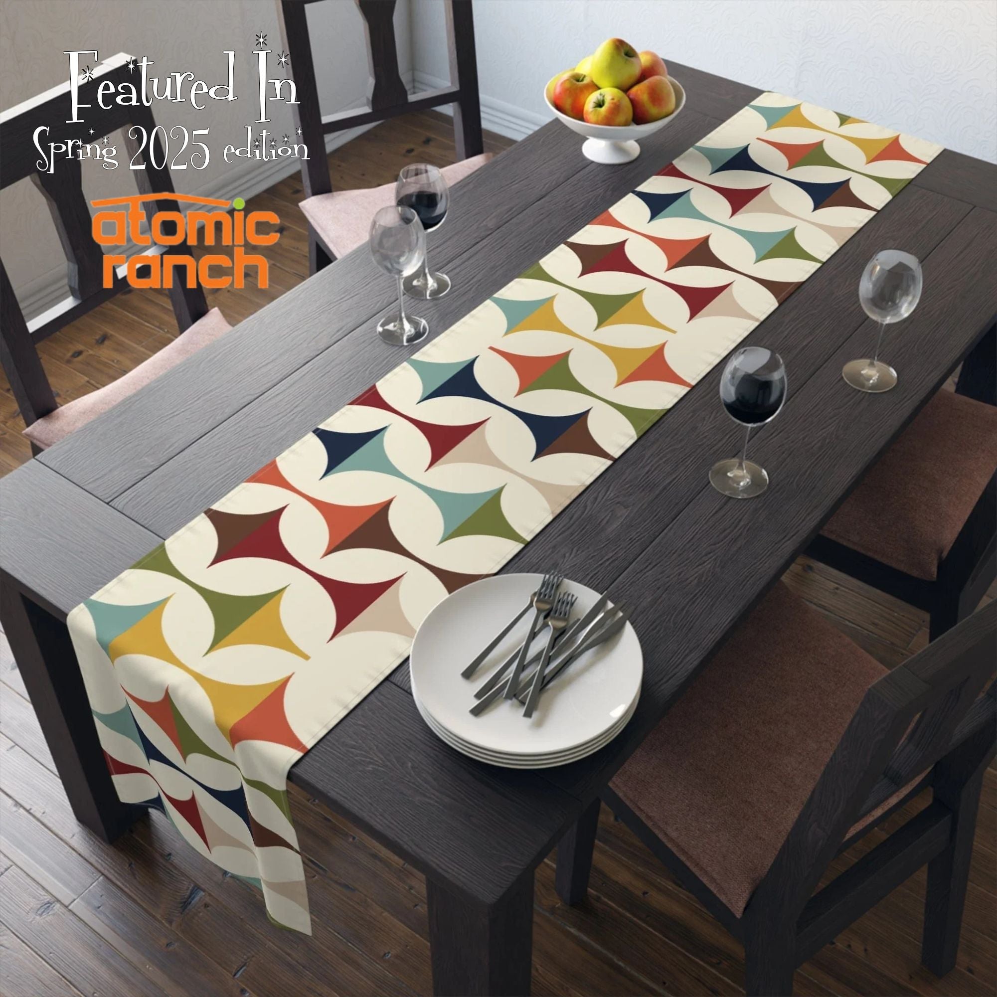 Kate McEnroe New York Mid Century Modern Geometric Table Runner, 60s Retro MCM Cream, Teal, Mustard, Rust Table LinensTable Runners68643424512832455410