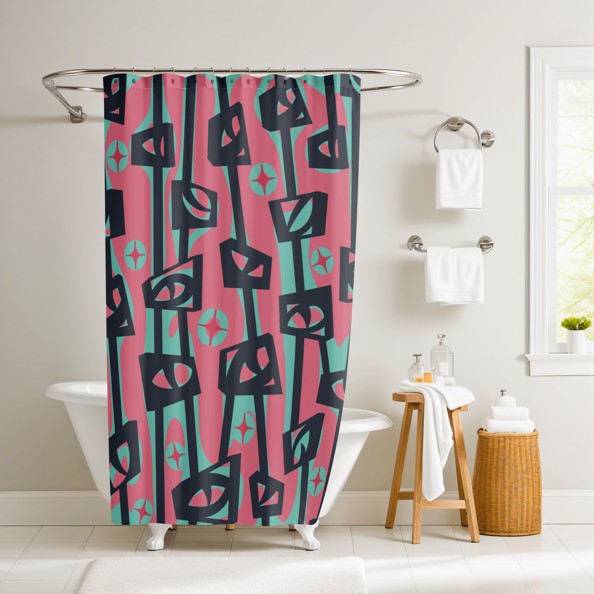 Kate McEnroe New York Mid Century Modern Googie Atomic Cat Eye Tiki Shower CurtainShower Curtains30060696866503718169