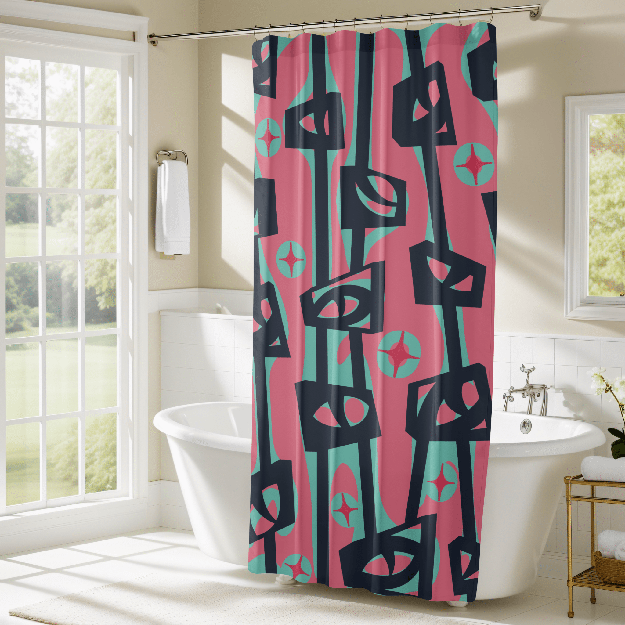 Kate McEnroe New York Mid Century Modern Googie Atomic Cat Eye Tiki Shower CurtainShower Curtains30060696866503718169
