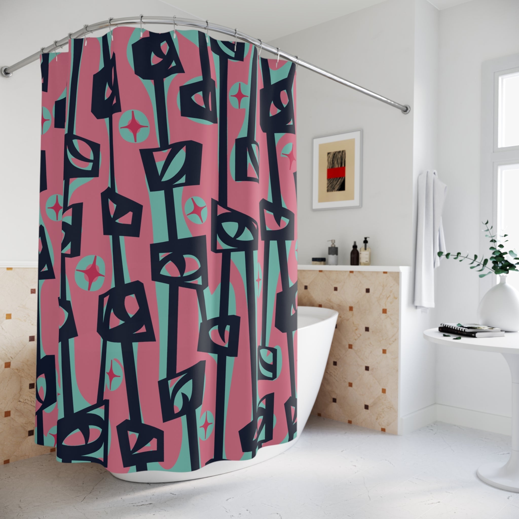 Kate McEnroe New York Mid Century Modern Googie Atomic Cat Eye Tiki Shower CurtainShower Curtains30060696866503718169