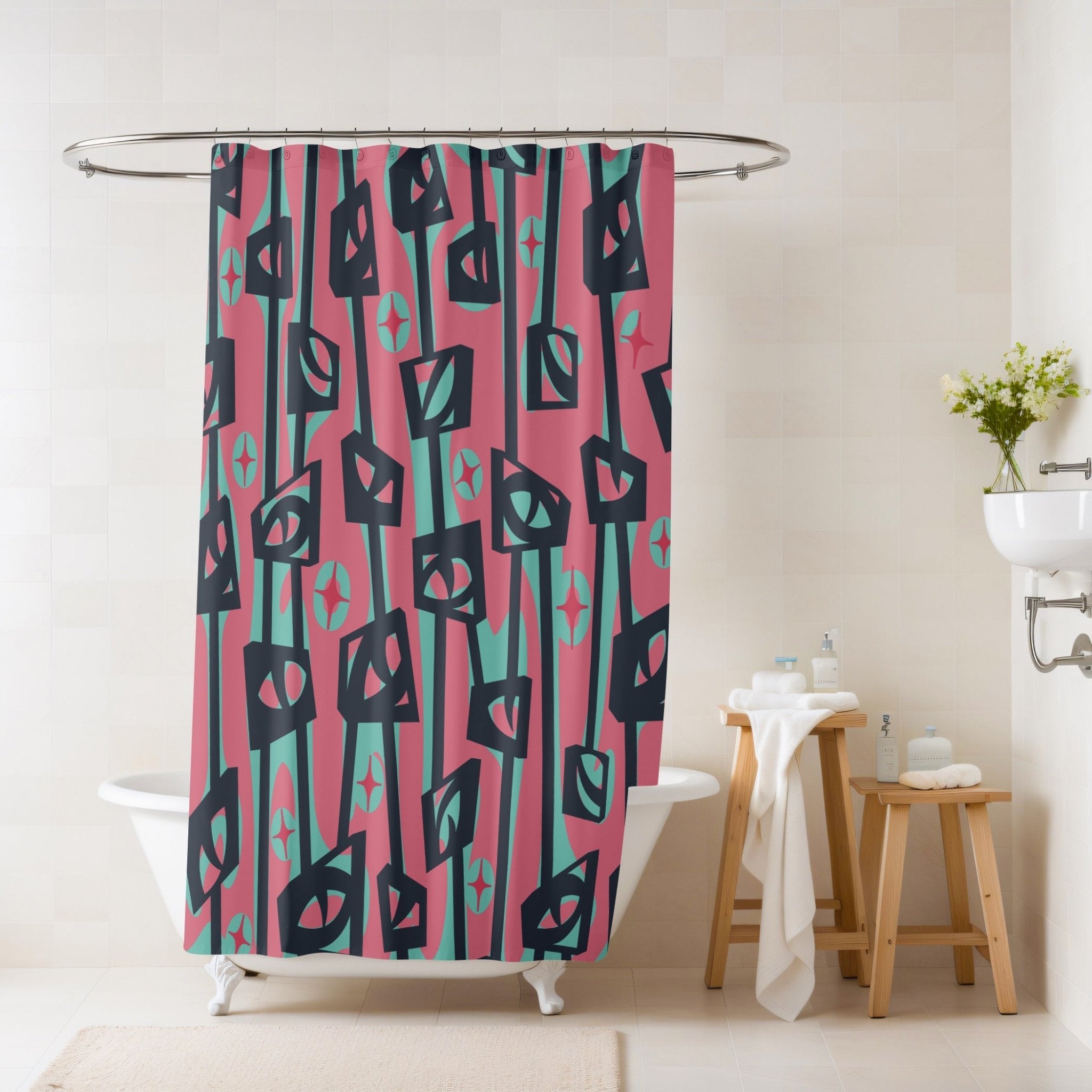 Kate McEnroe New York Mid Century Modern Googie Atomic Cat Eye Tiki Shower CurtainShower Curtains30060696866503718169