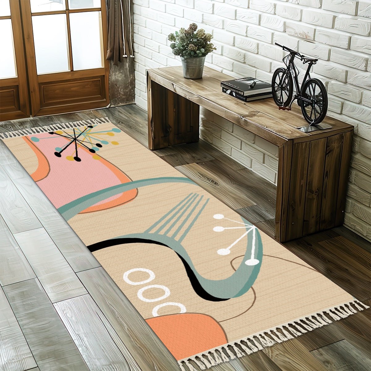 Kate McEnroe New York Mid Century Modern Hallway Rug, Retro Starburst Abstract Boomerang Runner, MCM Peach Aqua Entry RugRugs7xwOIJOqZ9