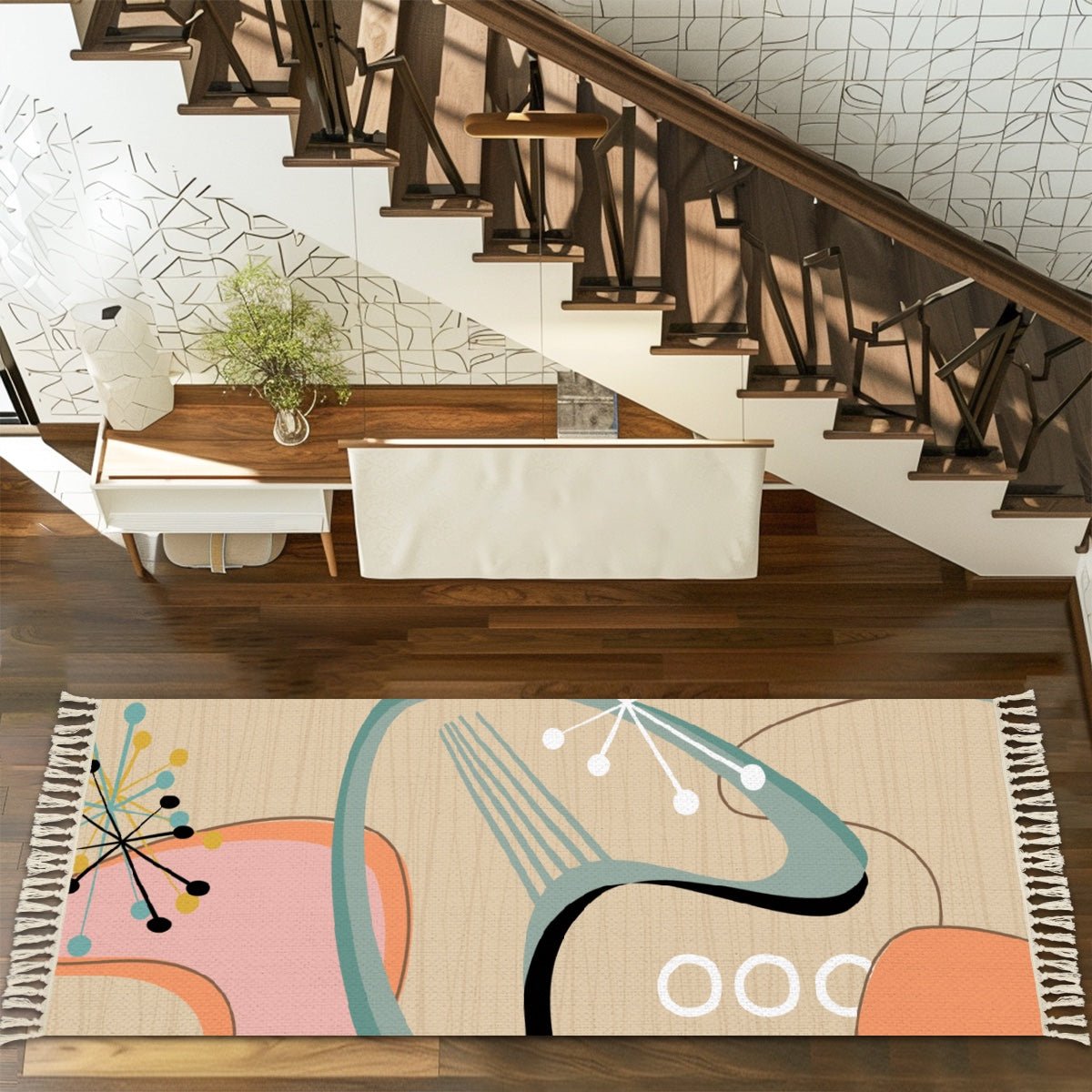 Kate McEnroe New York Mid Century Modern Hallway Rug, Retro Starburst Abstract Boomerang Runner, MCM Peach Aqua Entry RugRugs7xwOIJOqZ9