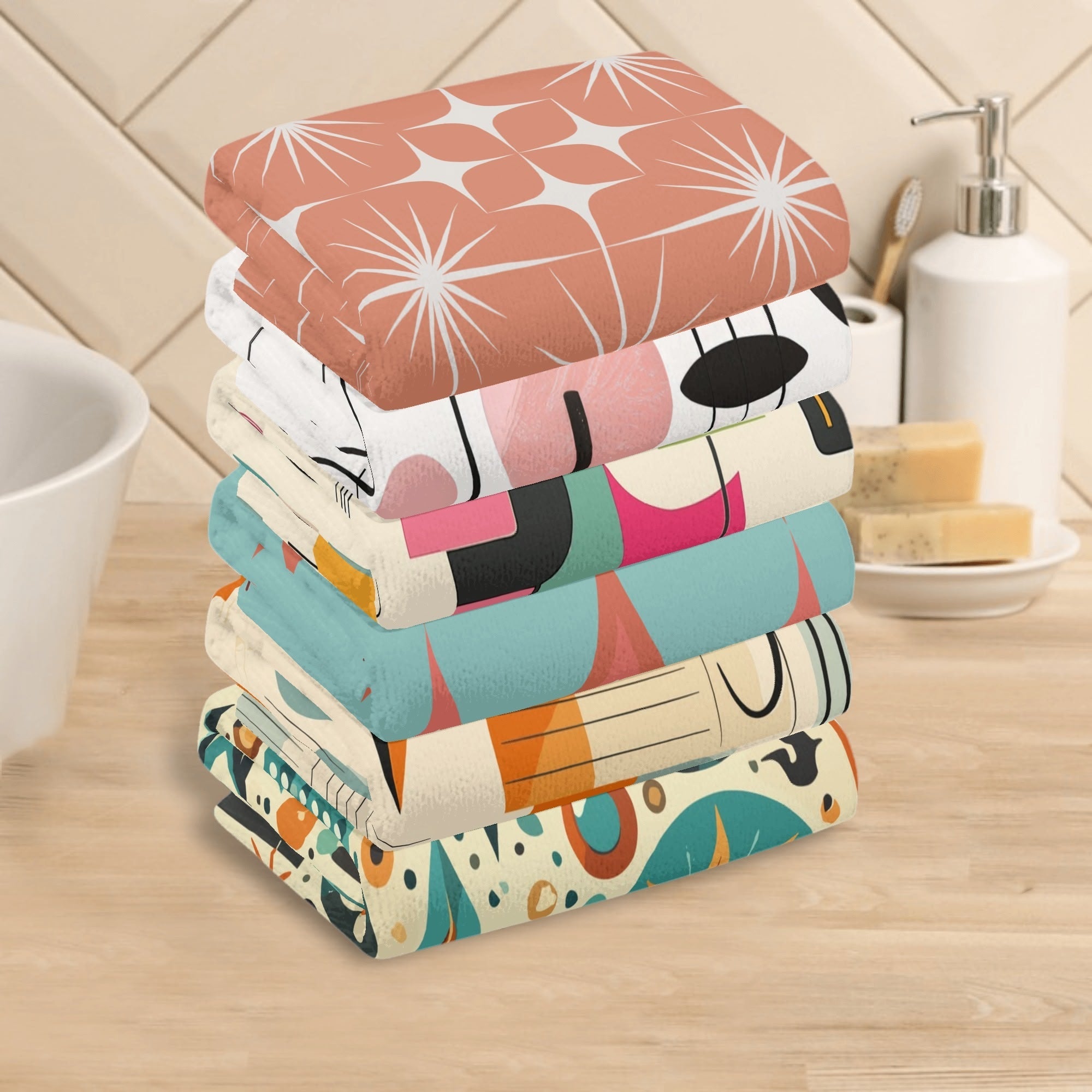 Kate McEnroe New York Mid Century Modern Hand Towels, Retro Atomic Starburst, Mod Geometric Boho Chic Bathroom DecorHand TowelsN4MR925W - 1