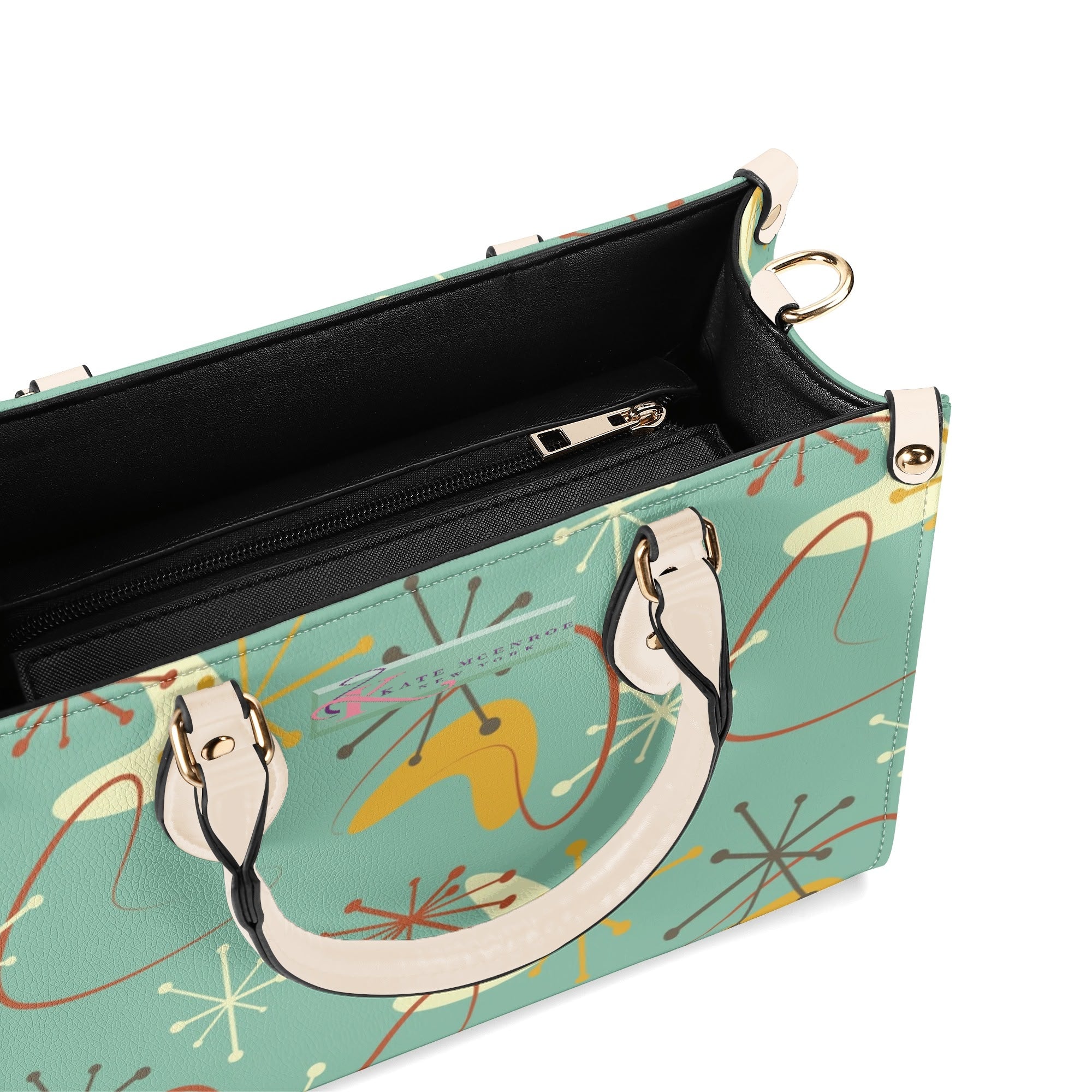 Kate McEnroe New York Mid Century Modern Handbag, Retro 50s Atomic Starburst Purse, MCM Geometric Teal Yellow Bag, Vintage Shoulder SatchelHandbagsW0Z9DO1W - 1