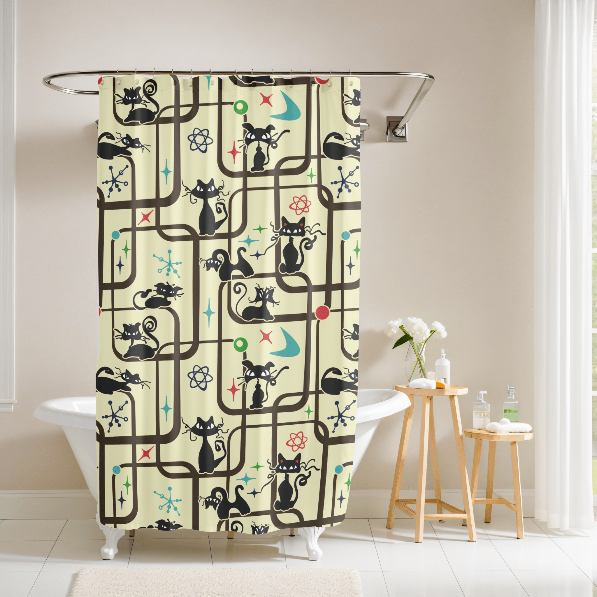Kate McEnroe New York Mid Century Modern Kitschy Atomic Cat Geometric Bathroom Shower CurtainShower Curtains14127596472708642007