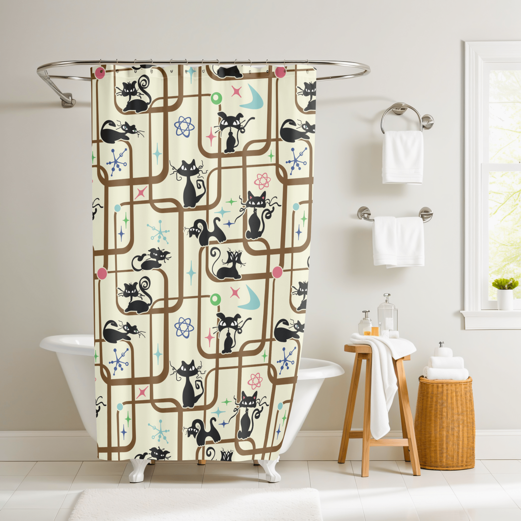 Kate McEnroe New York Mid Century Modern Kitschy Atomic Cat Geometric Bathroom Shower CurtainShower Curtains14127596472708642007