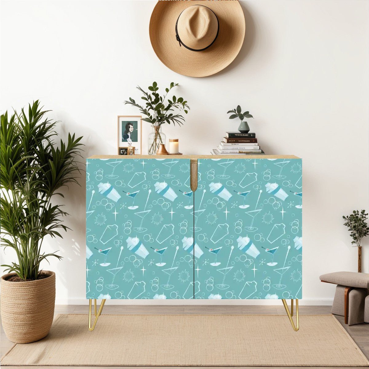 Kate McEnroe New York Mid Century Modern Kitschy Cocktail & Bubbles Designed Sideboard, Retro Aqua Blue Storage CabinetStorage Cabinets5ML8WkA1Wv