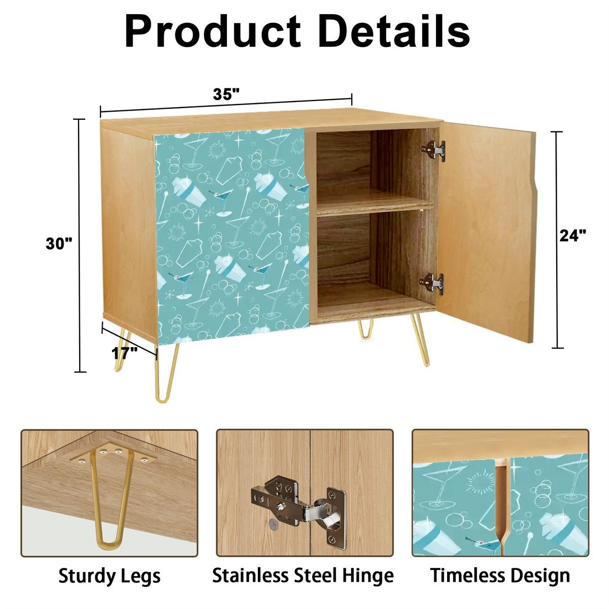 Kate McEnroe New York Mid Century Modern Kitschy Cocktail & Bubbles Designed Sideboard, Retro Aqua Blue Storage CabinetStorage Cabinets5ML8WkA1Wv