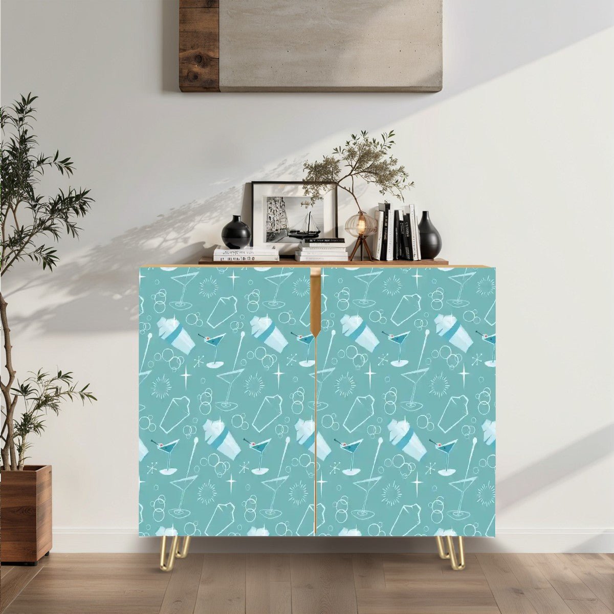 Kate McEnroe New York Mid Century Modern Kitschy Cocktail & Bubbles Designed Sideboard, Retro Aqua Blue Storage CabinetStorage Cabinets5ML8WkA1Wv