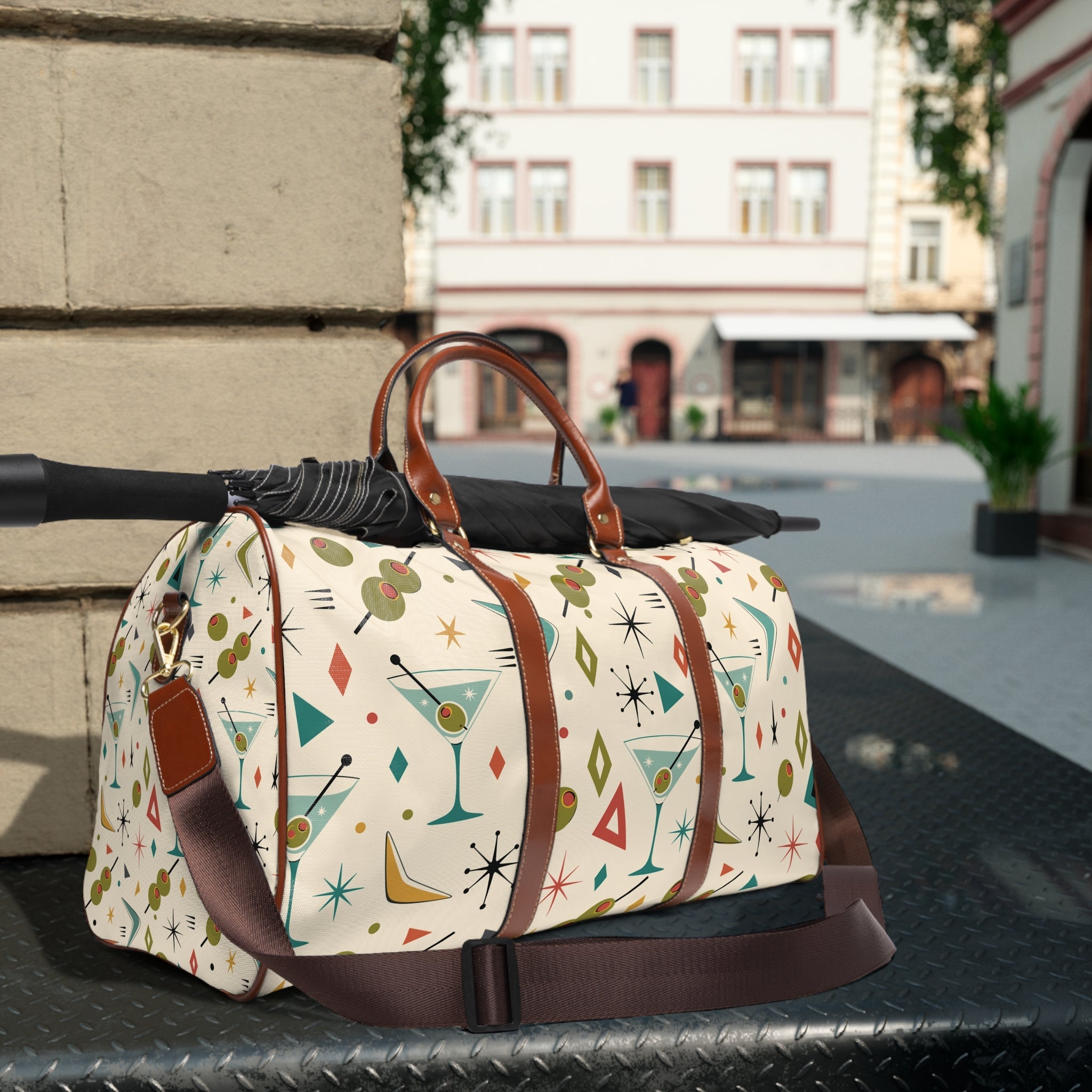 Kate McEnroe New York Mid Century Modern Martini Olive Duffle Bag, Retro Cocktail WeekenderDuffel Bags12295169788414308288