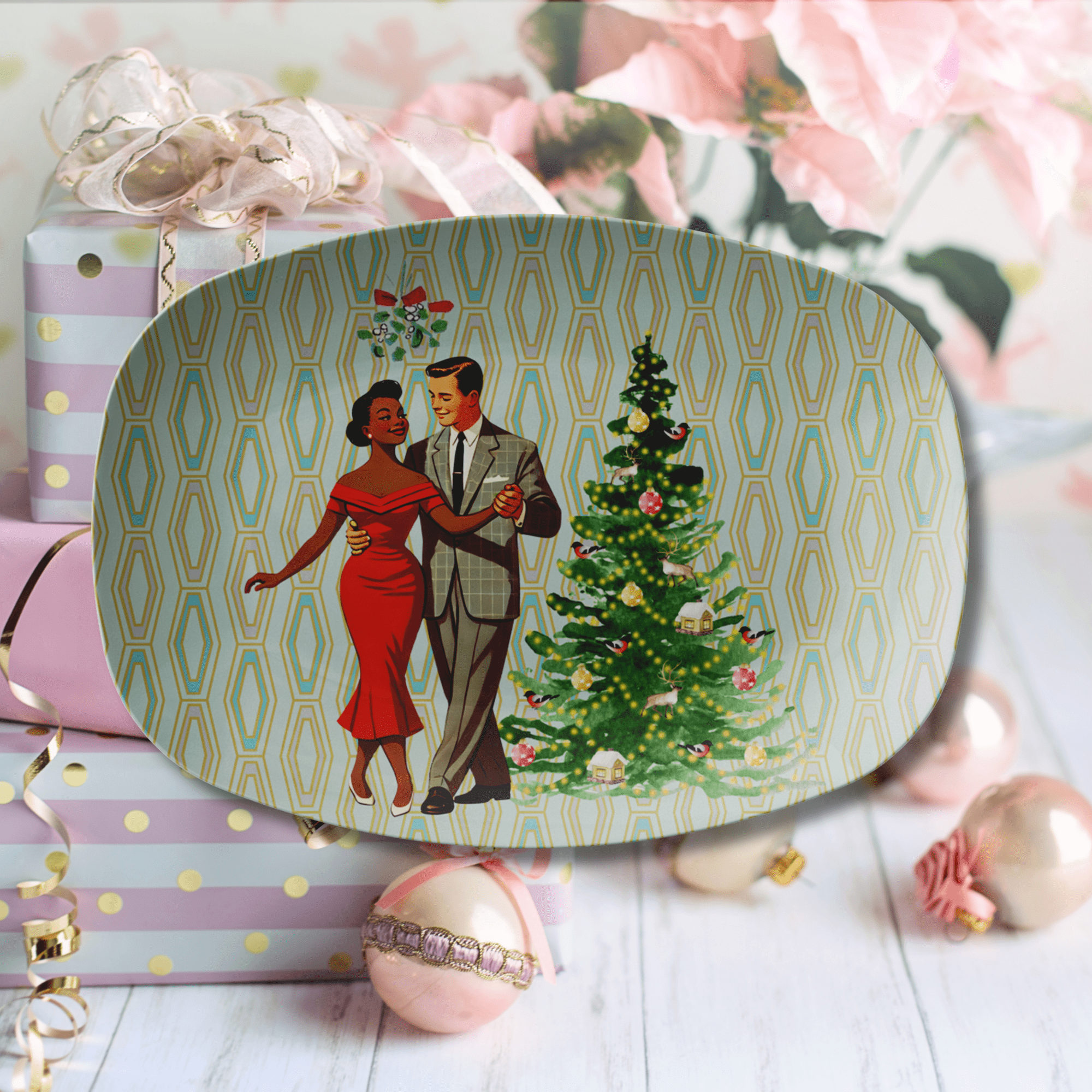 Kate McEnroe New York Mid Century Modern Mixed Race Couple Holiday Platter, Retro 50s Christmas Kitsch Tableware, Vintage Festive Serving TrayServing PlattersP23MXDRC5